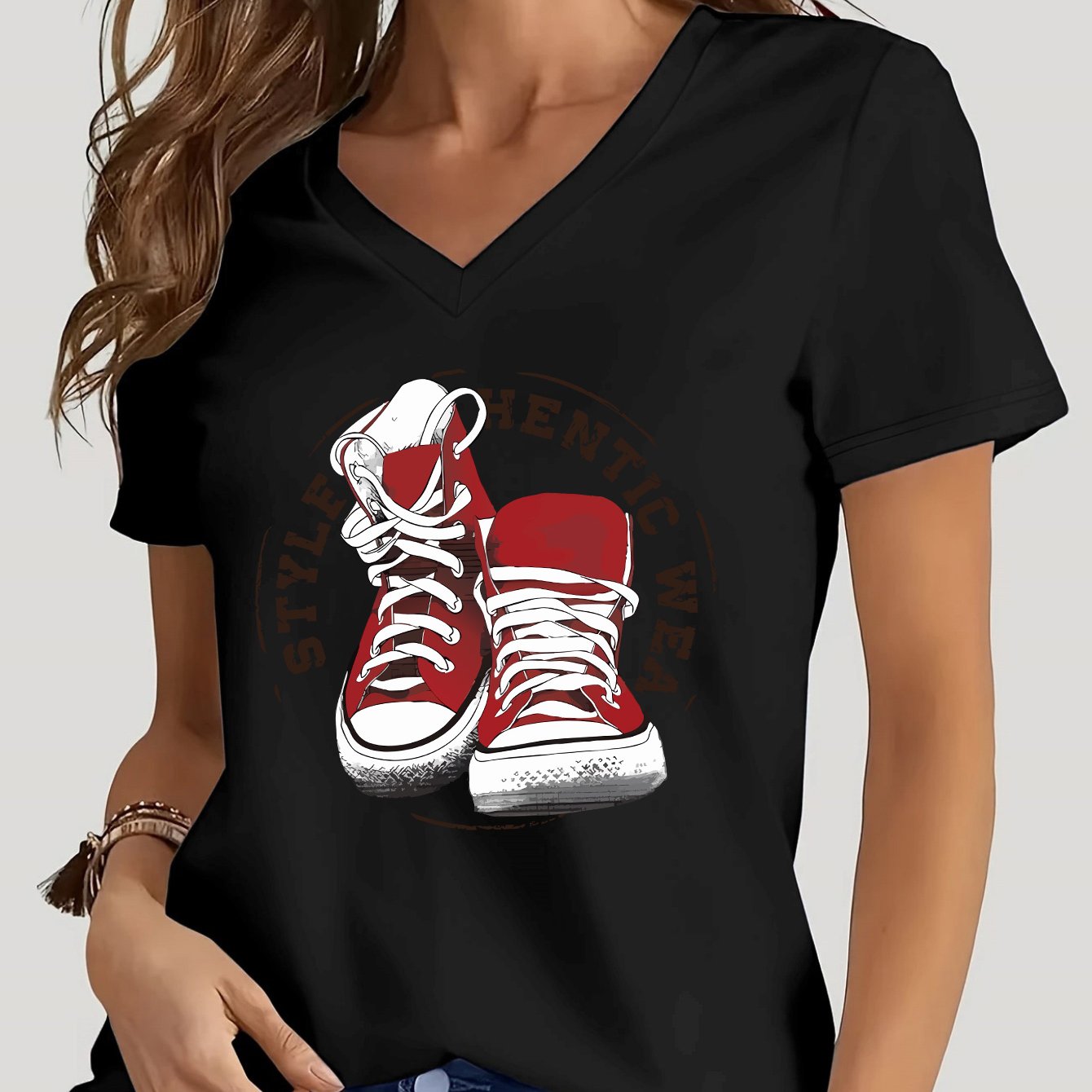 TEMU T-shirt d'été à col en V et manches courtes pour femmes, avec imprimé de lettres, polyvalent et fabriqué dans un tissu et confortable