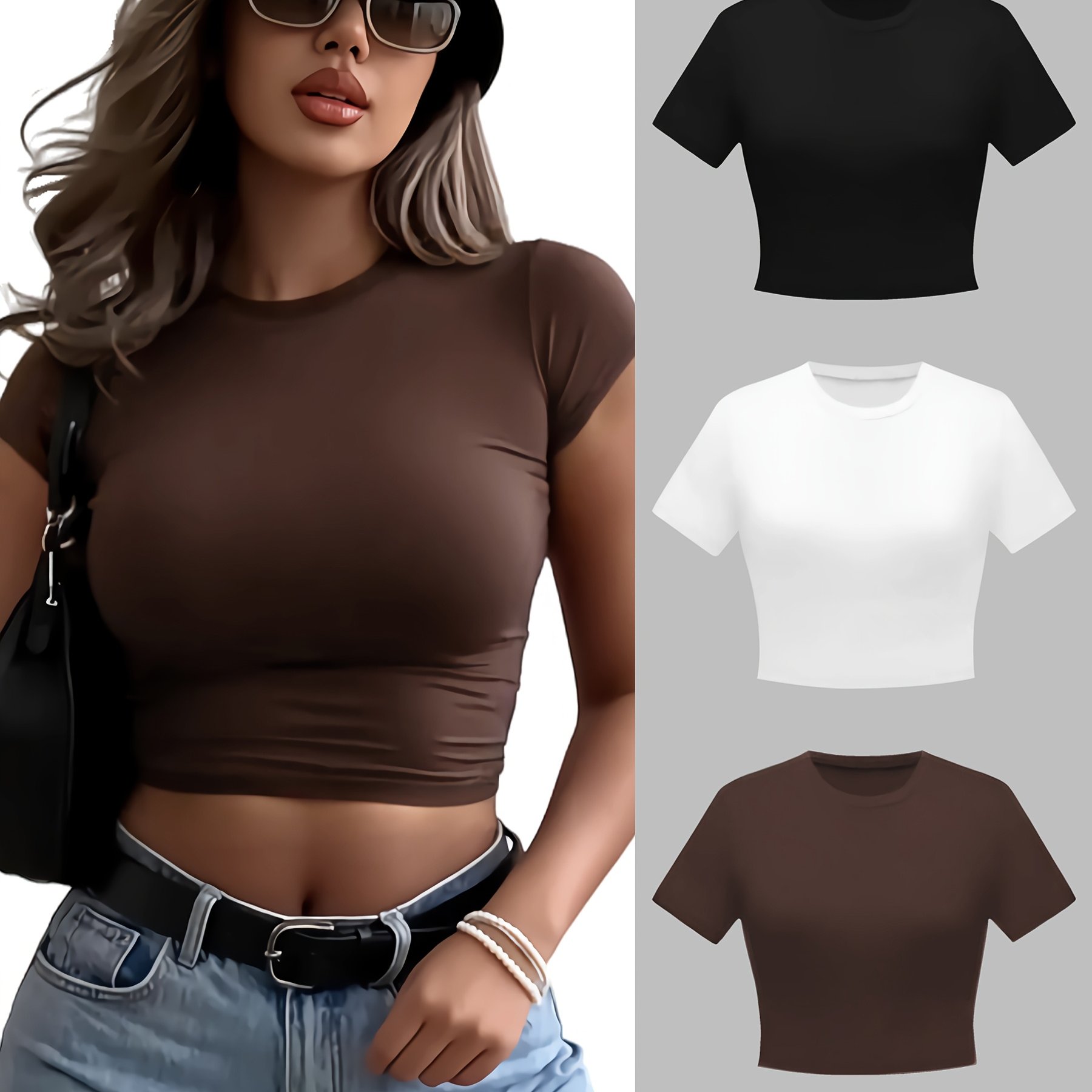 E-shop 3 Stück Uni-Farben T-Shirt, Casual Rundhals Slim Fit Kurzarm Damen T-Shirt, Elastisches Polyester-Gewebe, Maschinenwaschbar, Casual | Glatte