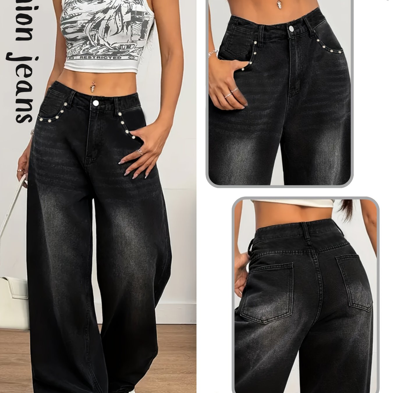 Women's High-waisted Stretchy Black Straight-leg Jeans With Diagonal Pocket Stud Design, Suitable For , Casual Denim Fashion Slim-fitting, Made From Soft And Comfortable Fabric, Perfect For Occasions