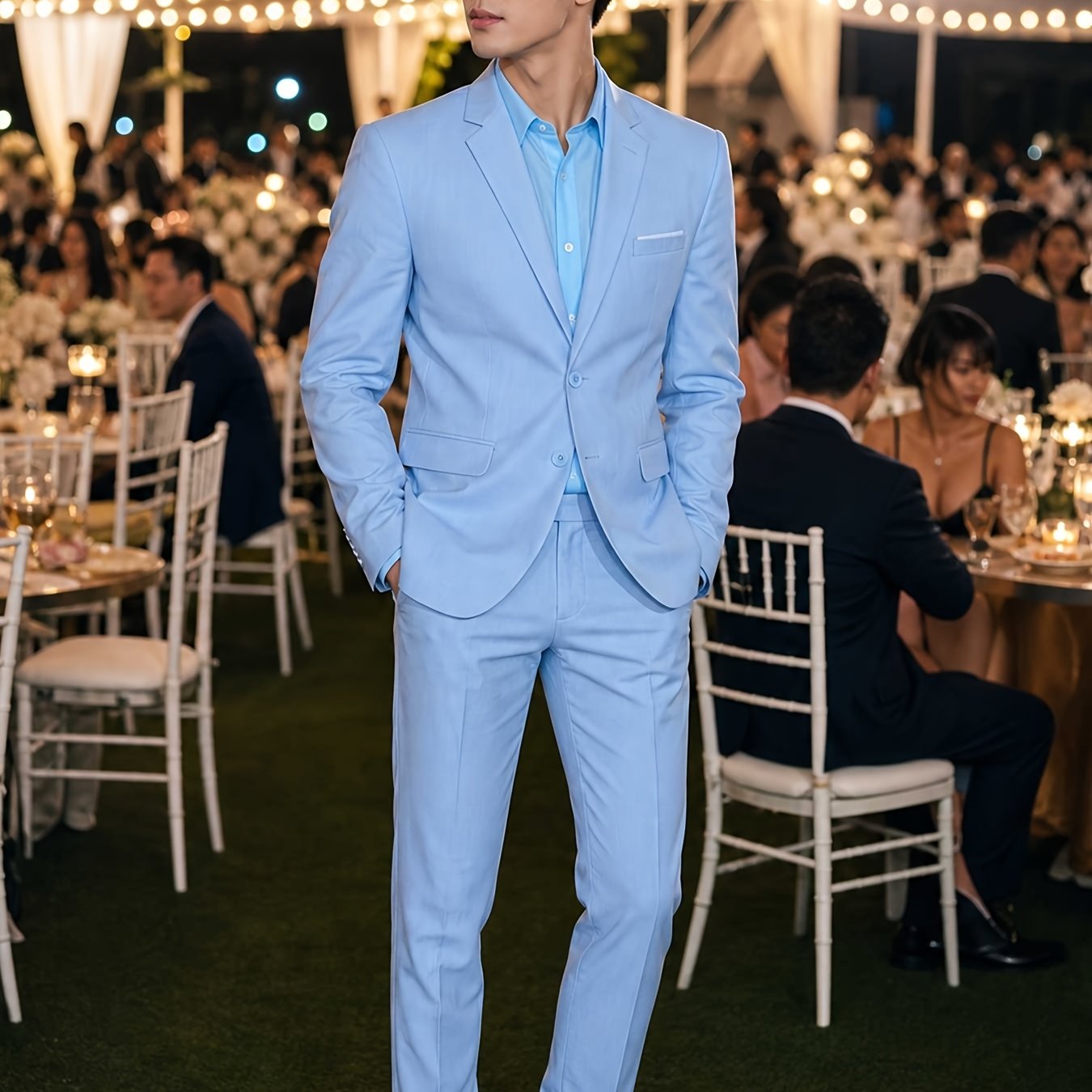 TEMU Old Money Outfits Men's Pastel Blue 2pcs Suit, Polyester Linen Soft Tailored Suit Jacket & Straight Pants, Casual Outfit For Guest Dinner