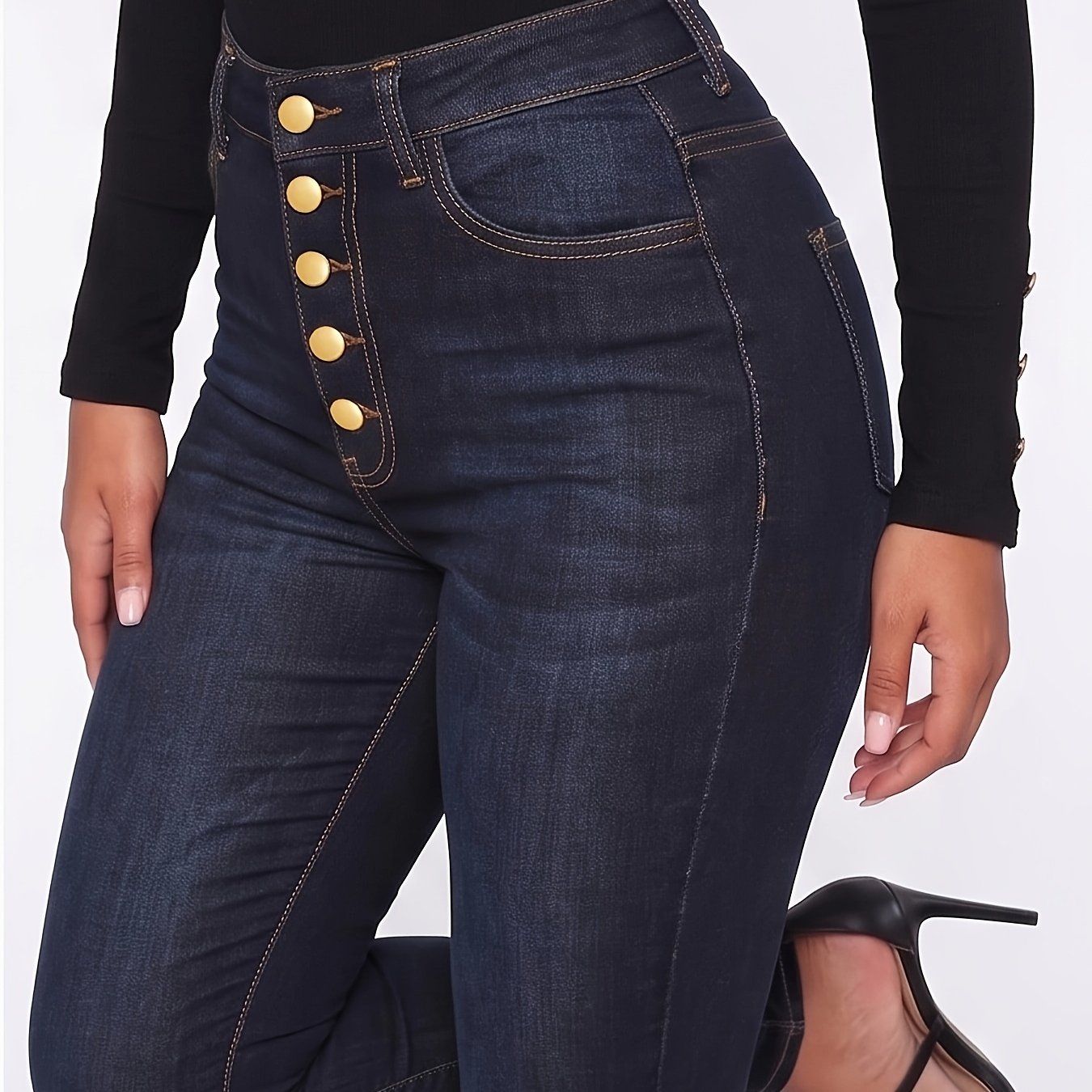 Image of Women' High-waist Stretch -lifting Skinny Jeans, Straight Outseam With Button Detail, Casual Date Office Vacation Versatile