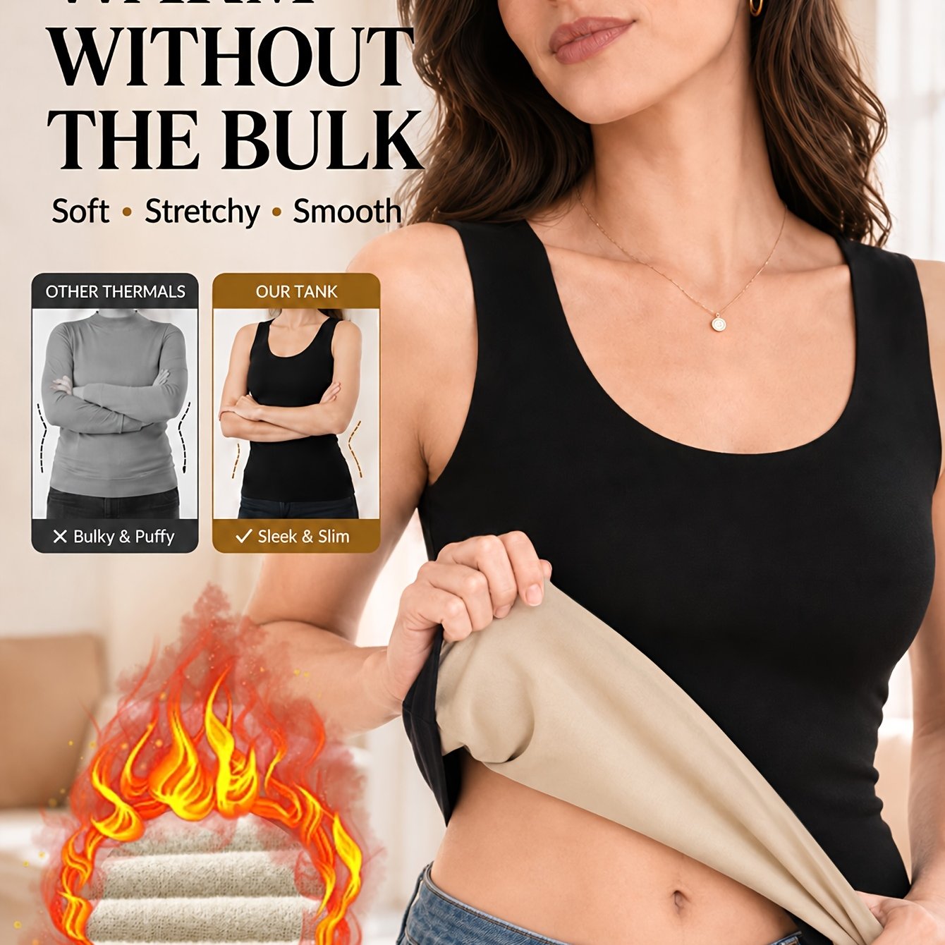 TEMU Winter Thermal Clothes Thick For Underneath Sleeveless Body Warmers Women Lined Tank Vest Tops Underwear Undershirts For Women