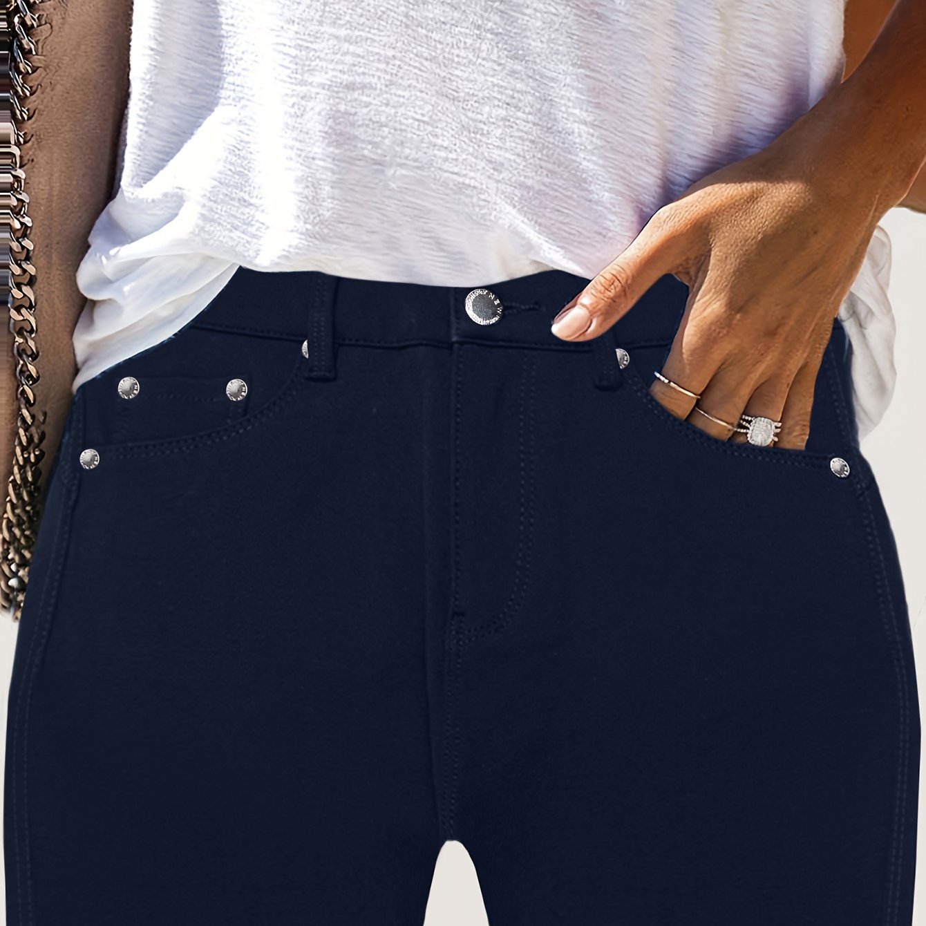 TEMU Women's High-waisted Stretch Street Style Solid Black Skinny Fashion Metal Button Detail Casual Jeans