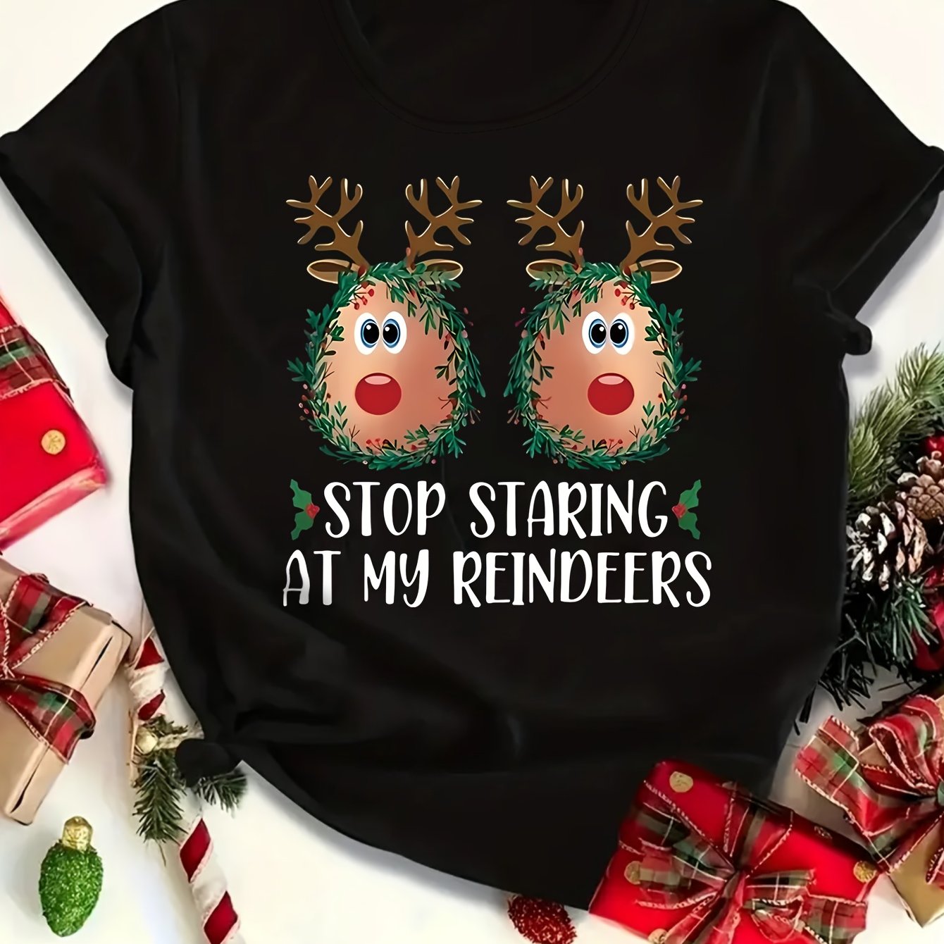 TEMU Circle Christmas Cartoon Reindeer Stop Looking At My Reindeer Printed Short-sleeve Round-neck T-shirt
