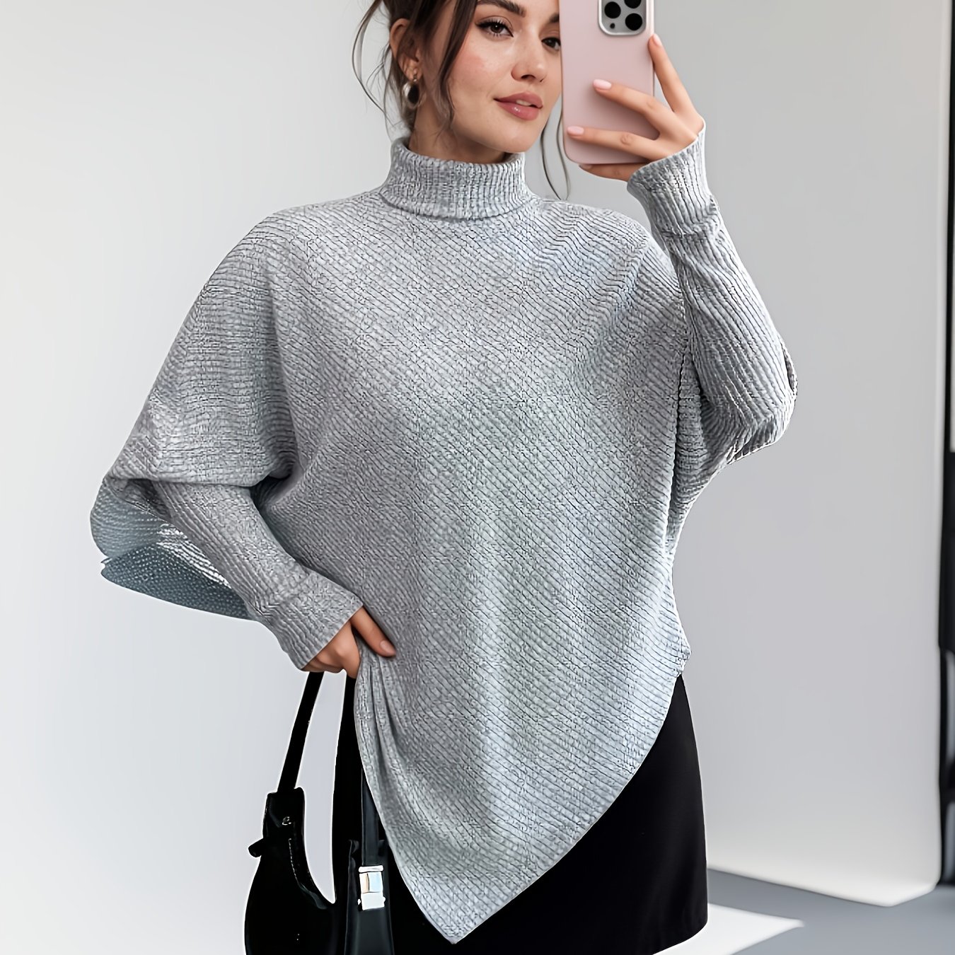 TEMU Elegant Ribbed Turtleneck Versatile Women's T-shirt