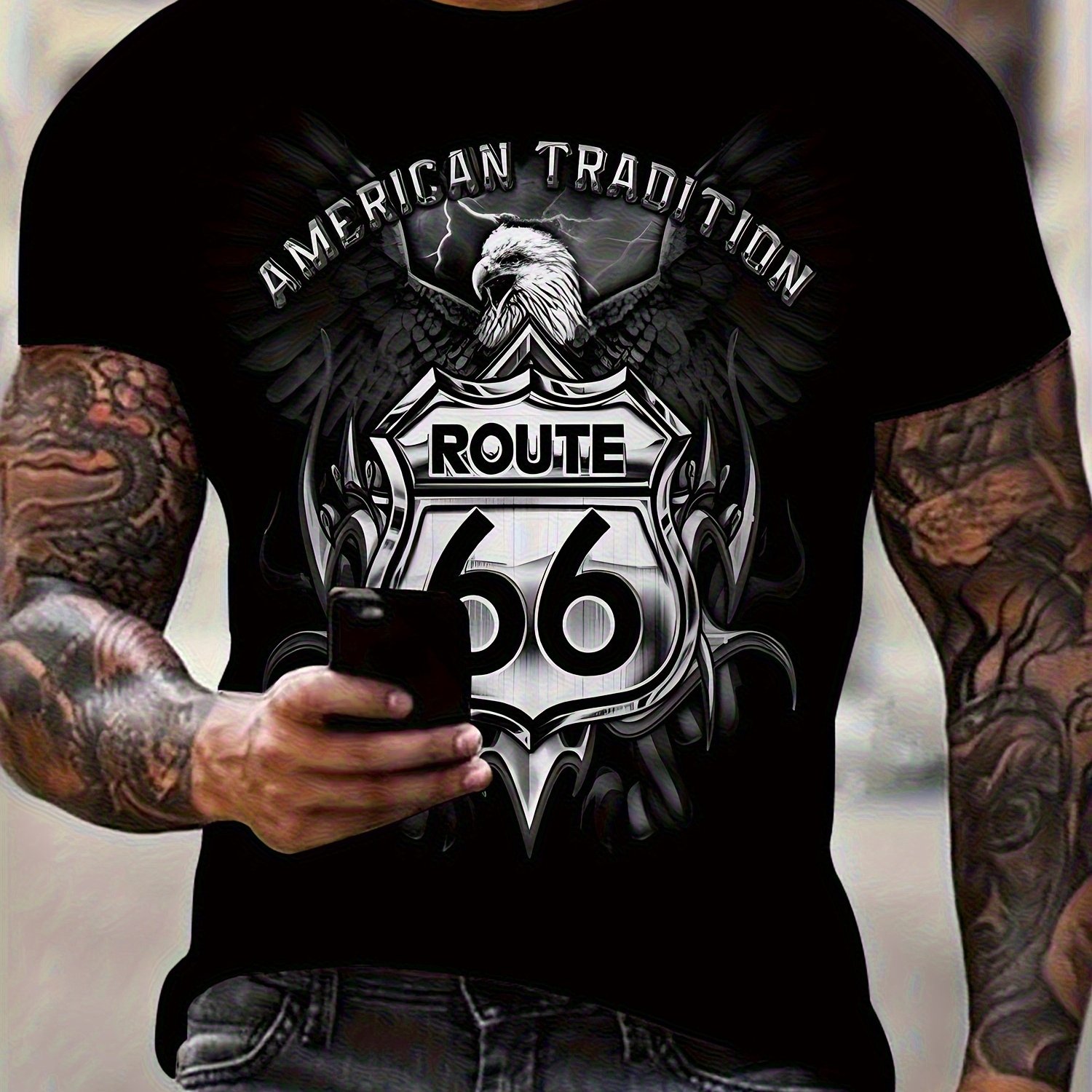 Image of Plus Size Men's Casual T-shirt - Graphic With Eagle Design, Black Short Sleeve Crew Neck, Print For Summer Streetwear And Casual Attire, Plus Size
