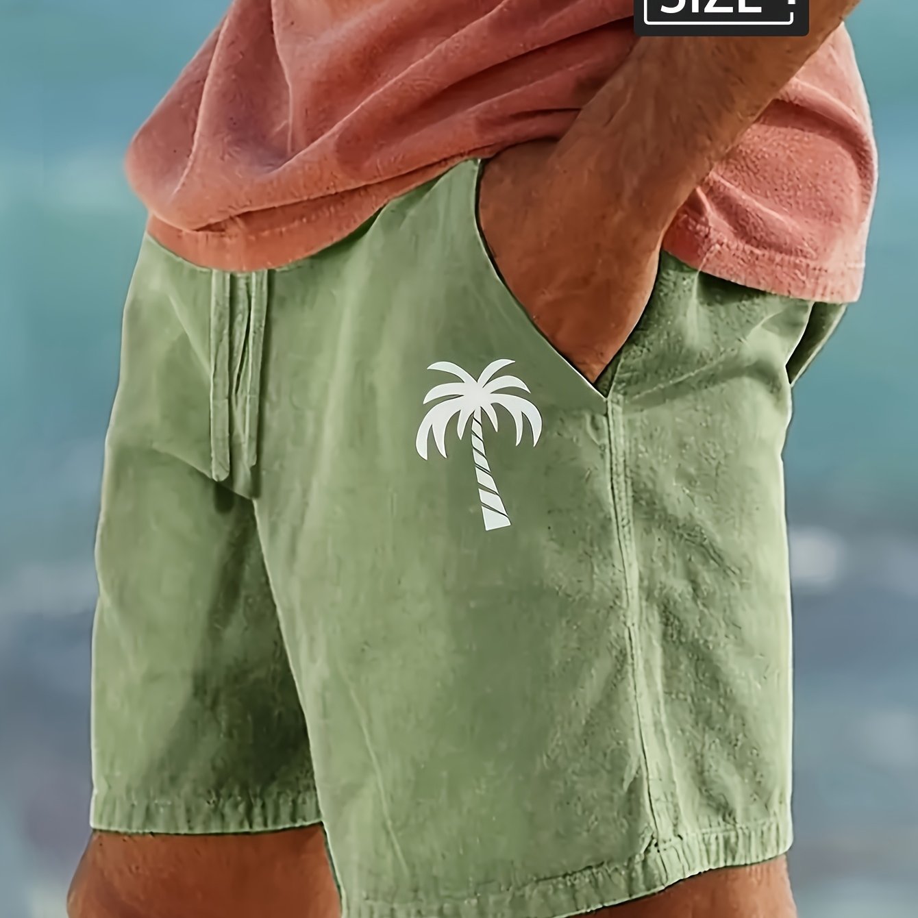 Men's Shorts For Summer, Beach Shorts With Drawstring Elastic Waist And Coconut Tree Print Design, Plus Size