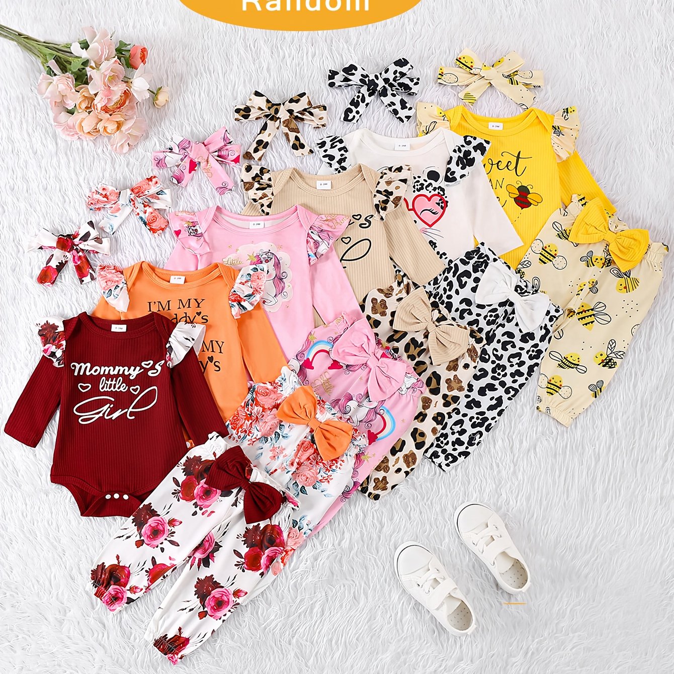 Image of Milkmron Random 3pcs Newborn Autumn Winter Knitted Comfortable Long Pants Long Sleeve Casual Round Neck Cute Baby Set, For Outdoor, Christmas, Halloween