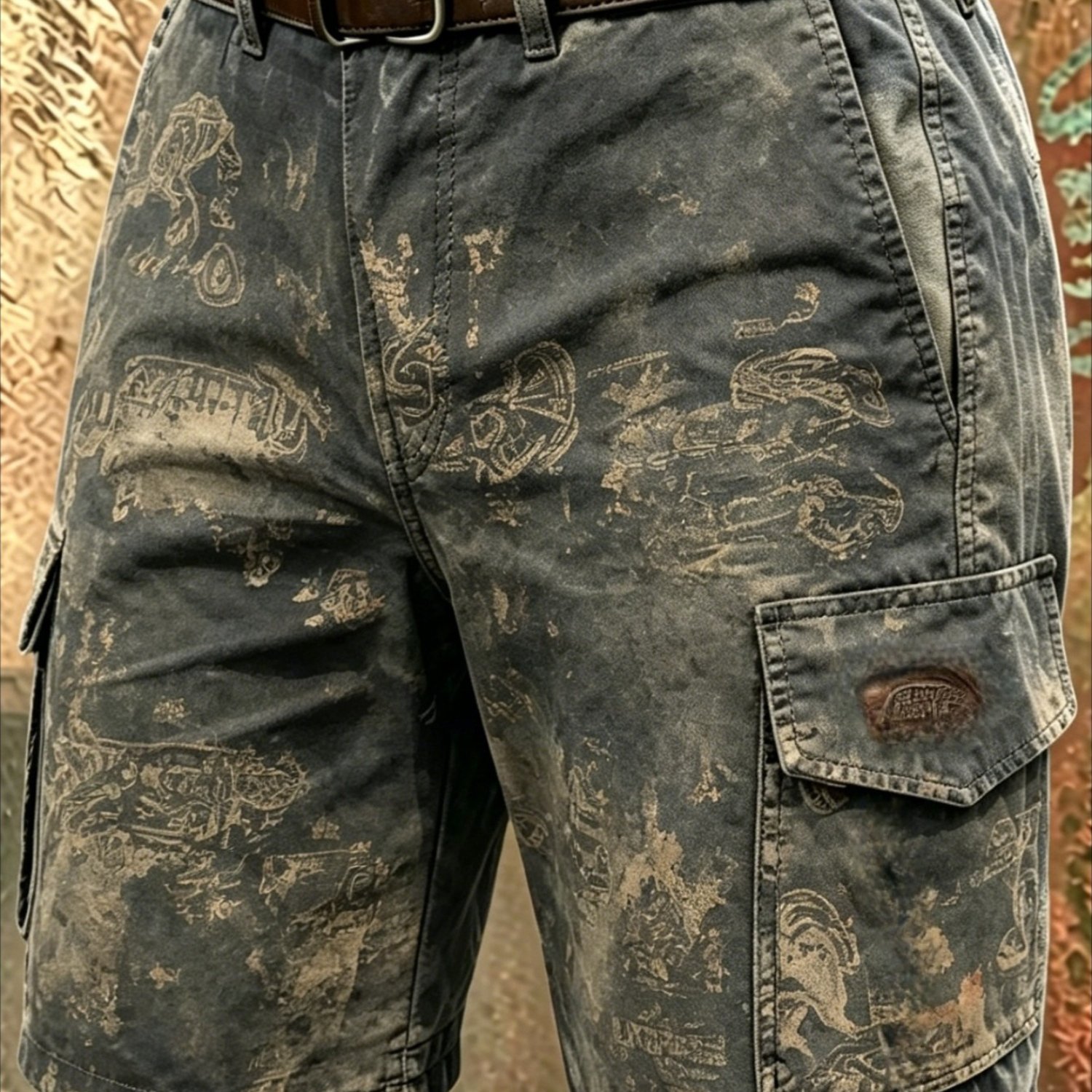 Image of 1pc Men's Vintage Distressed Stamp Print Cargo Shorts, Retro Washed Workwear Style, Multi-pocket Breathable Casual Shorts, Suitable For Daily Matching, Outdoor Travel And Vintage Street Outfits