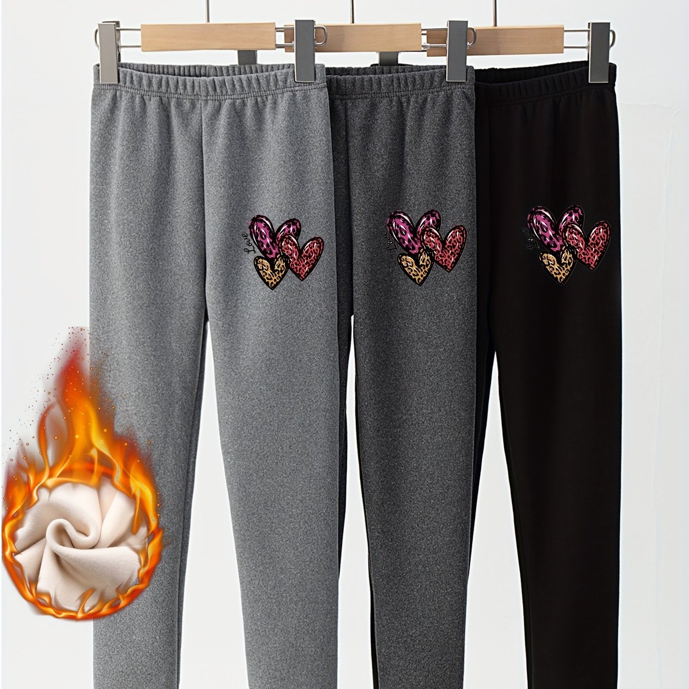 3-pc Of Girls' Heart-shaped Fleece-lined And Thickened Leggings, Spring, Autumn And Winter Style, Leopard Print Thickened Outer Wear Pants, Integrated