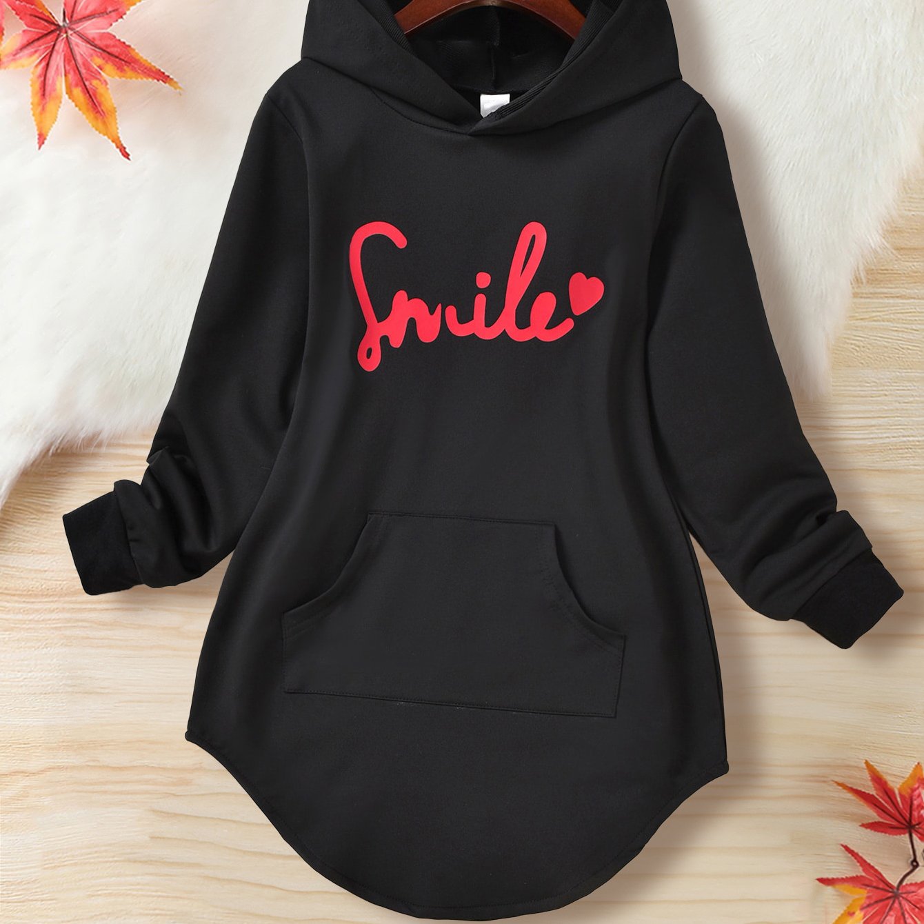 ' And Older ' Fall Winter Outing Letter Hooded Pullover Black Mid-length Irregular Hem Sweatshirt Mid-large ' Fashion Casual Outdoor Wear Trendy