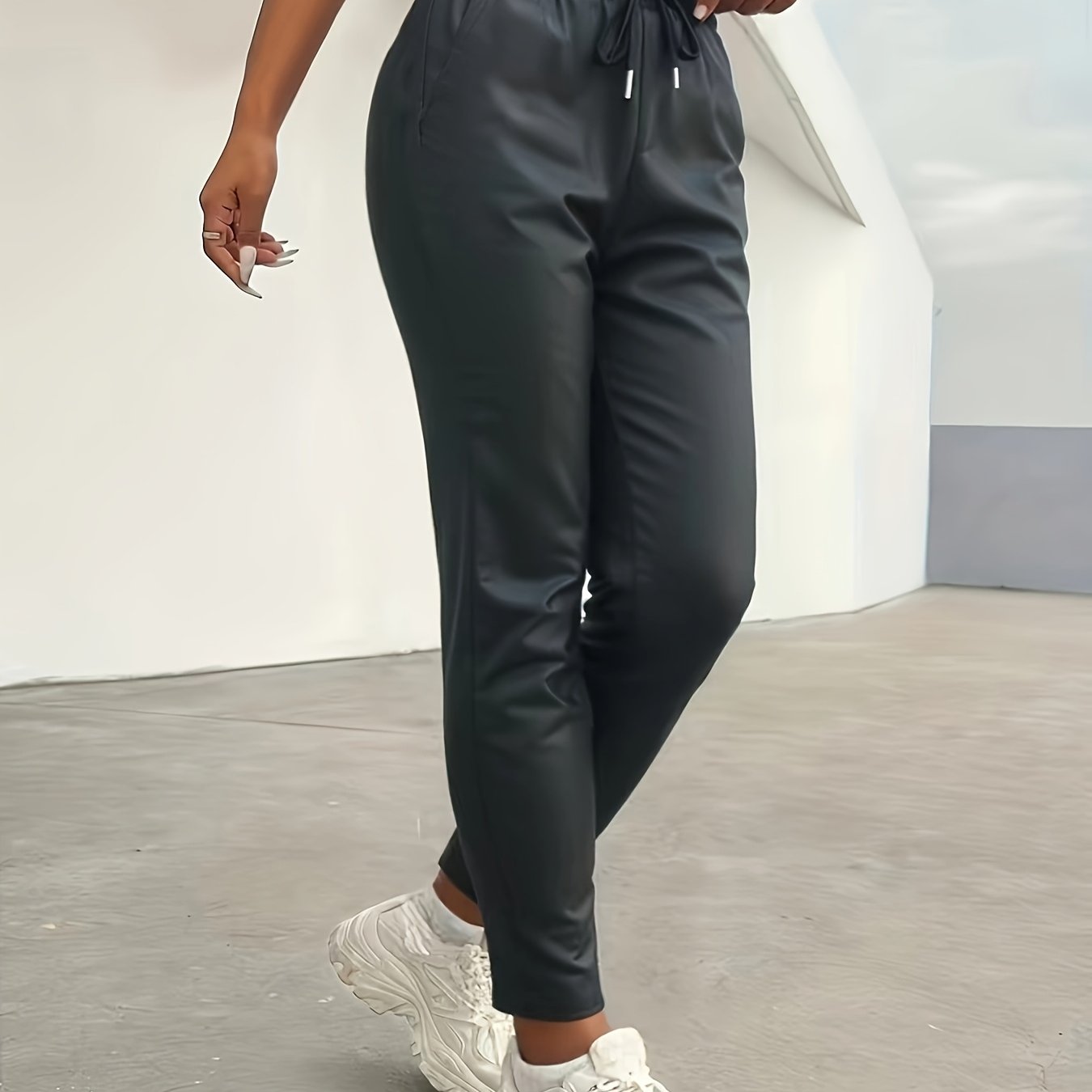 Image of Women' S High- Waist Matte Black Pu Stretch Skinny Jeans Elegant Bottoms- Soft, Slim Fit, Versatile For , With Tie And Pockets, Casual Pu Leather Ladies Pants Denim Jeans