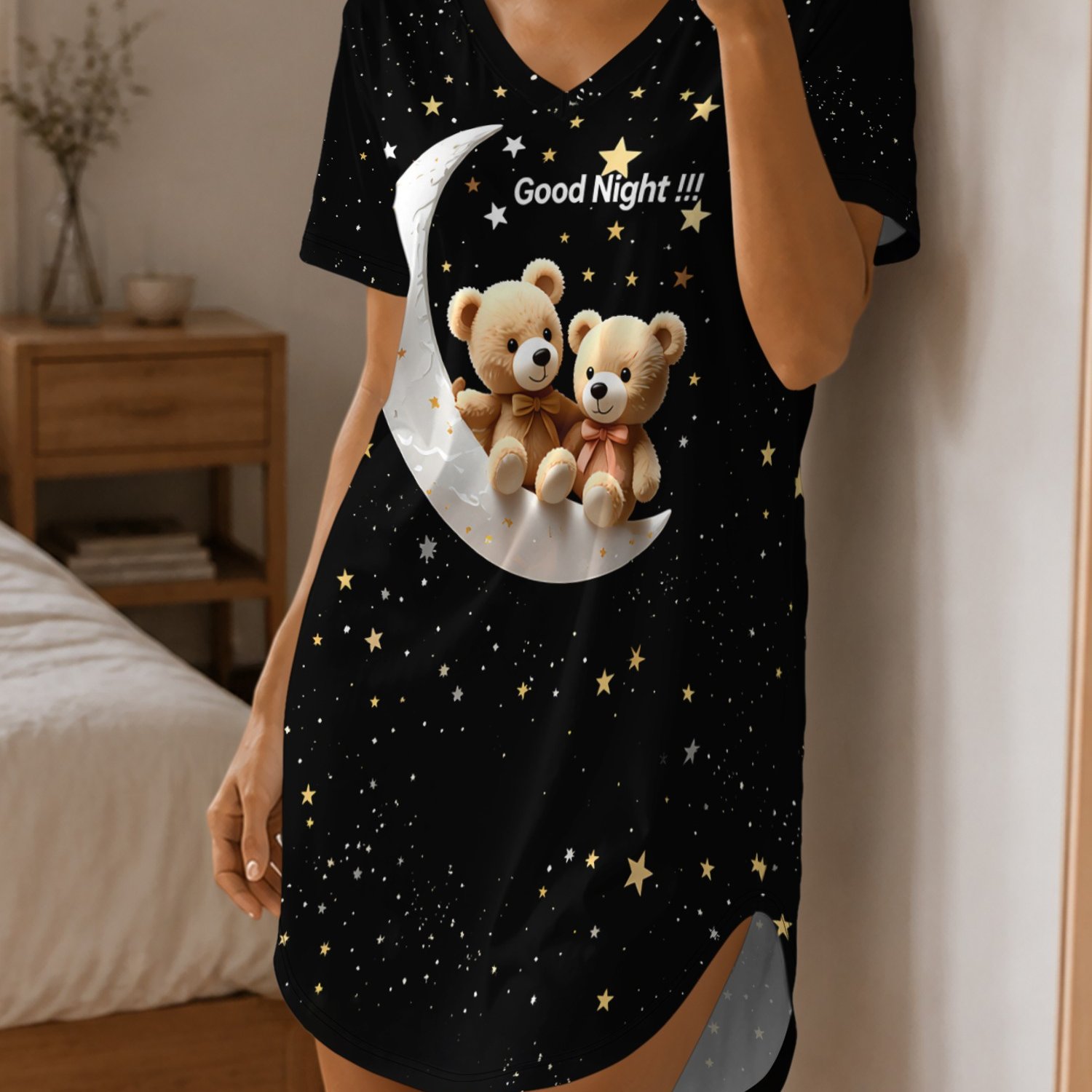 TEMU Women's V-neck Lounge Dress With Teddy Bear Print, Side-opening Design For Easy, Casual Loungewear For And Nightwear