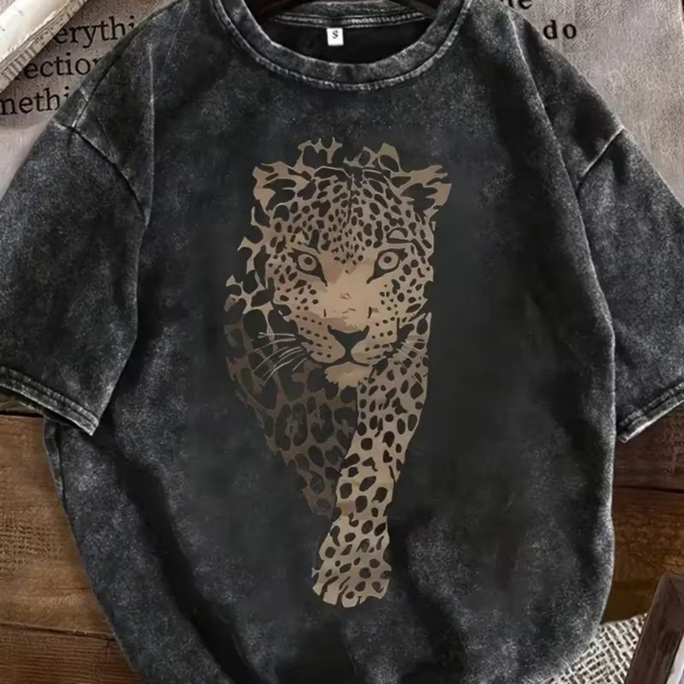 TEMU Local Delivery, Leopard Head Print Women's Vintage Washed T-shirt - 230g Heavy, Crew Neck Short Sleeve, Vintage Street Style, Machine Washable,