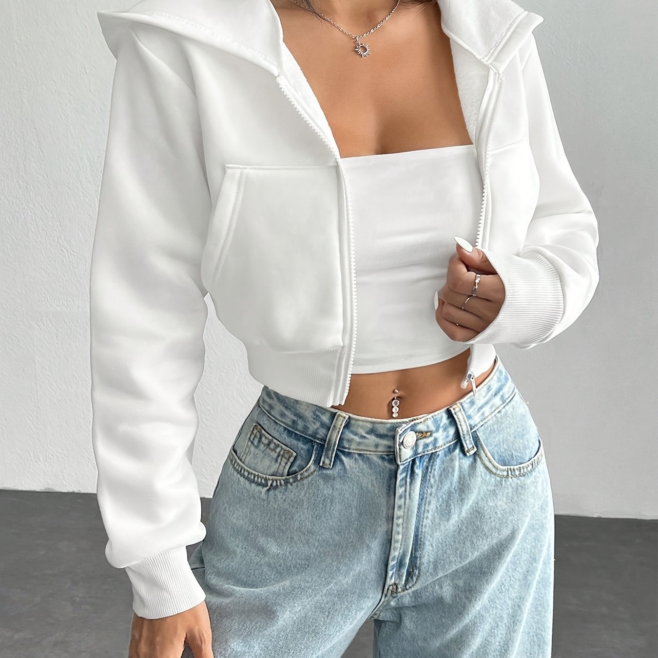 TEMU Giacca minimalista con cappuccio, maniche lunghe e zip a , con tasche, abbigliamento casual autunnale da indossare , outfit per il a scuola