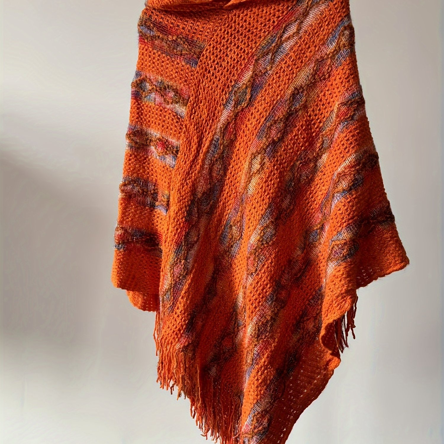 TEMU Bust" Spring/autumn New Ethnic Style Hooded Pullover Cape Women's Color- Cable Fringe Vacation Wrap Coat