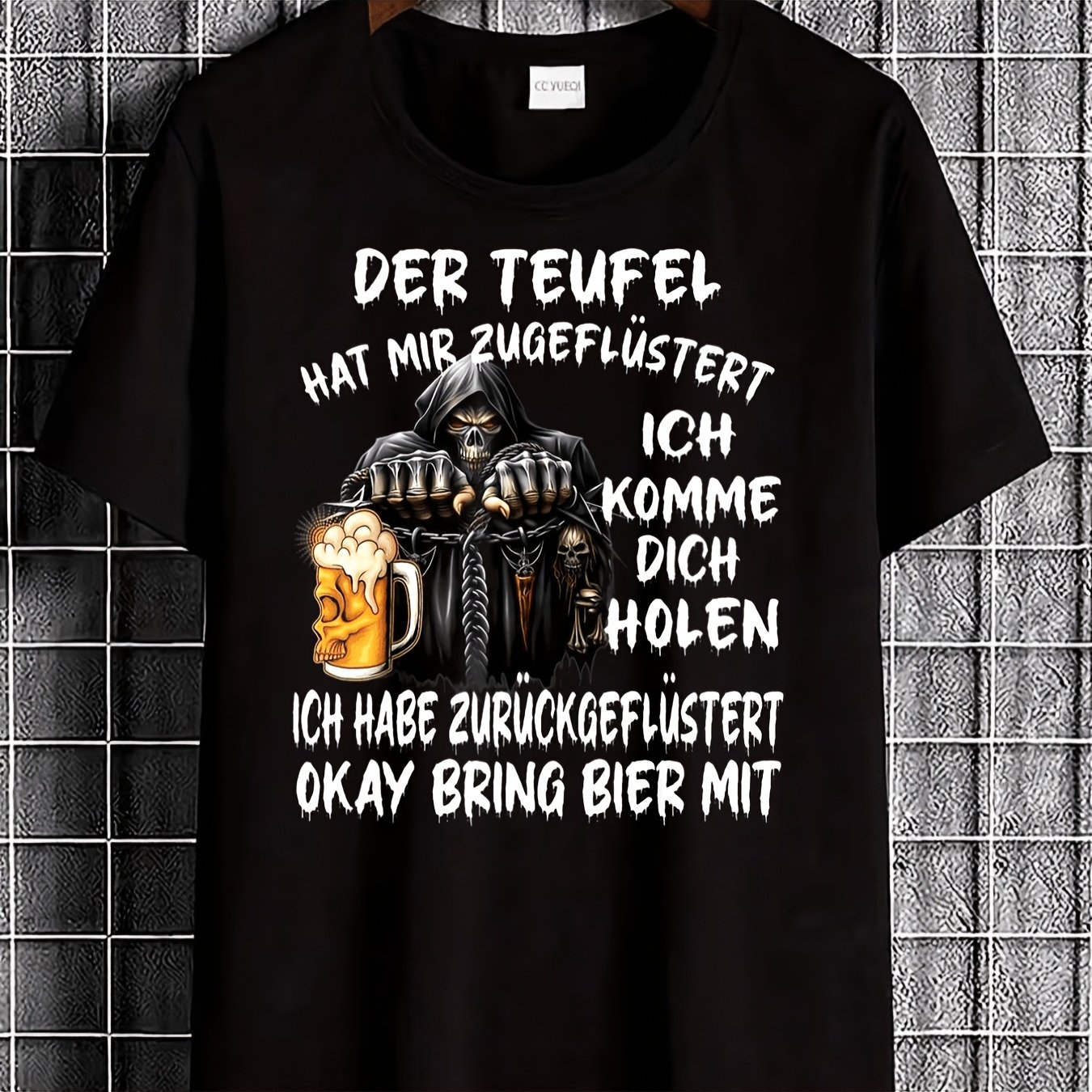 Casual And Party Attire Featuring A With A Reaper And Beer Mug Design, Along With German Text, Plus Size
