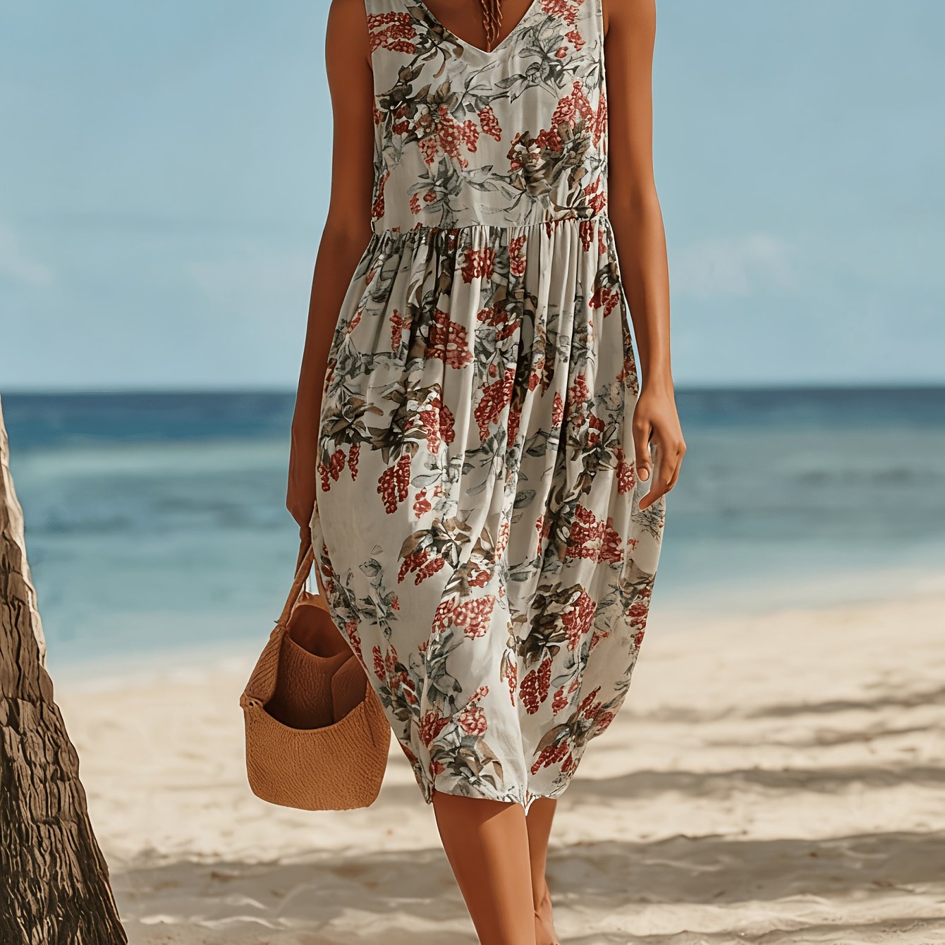 Image of Summer Women's Fashion Sleeveless V-neck Loose Mid-length Dress