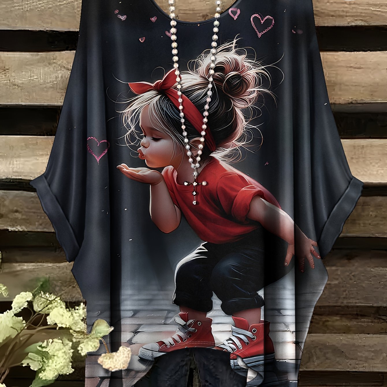 E-shop Übergröße, [gedrucktes Design – nicht texturiert] Sommer-Übergröße T-Shirt mit niedlichem kleinen Musterdruck „Dunkle Nacht“, Fledermausärmel,