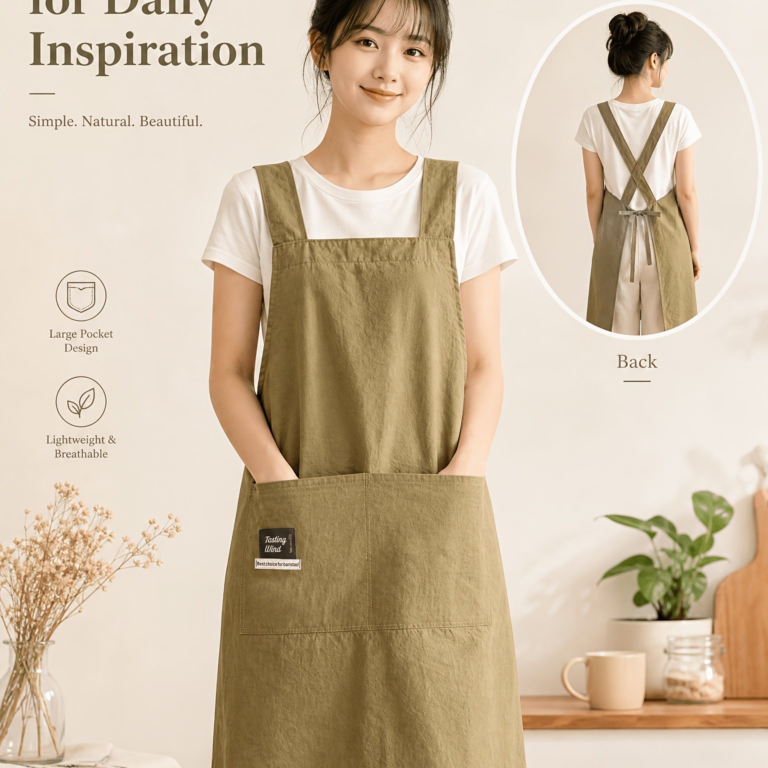 TEMU 1pc Minimalist Solid Color Long Apron, Home/commercial Use, Loose Fit Adjustable Waistband With Large Capacity Multi-functional Pocket,