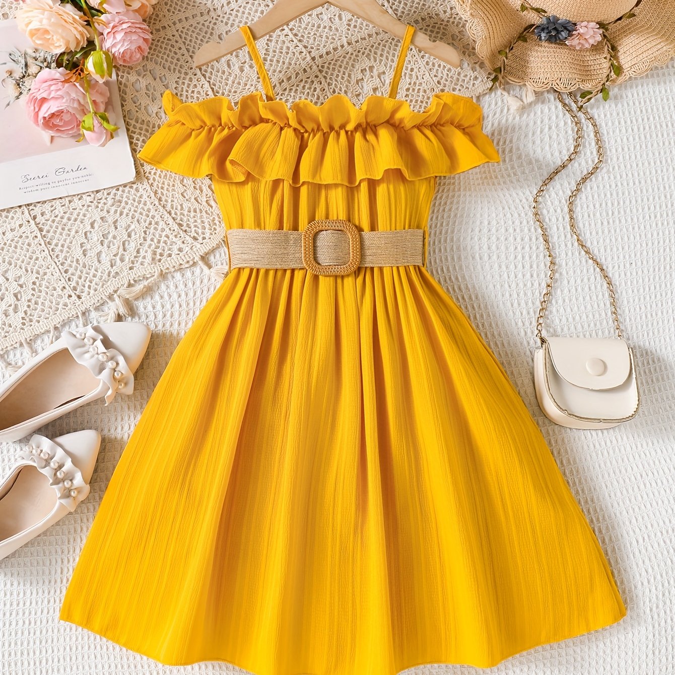 Image of Elegant Ruffle Off-shoulder Woven Dress With Belt, Girls' Casual Vacation Dress,halloween