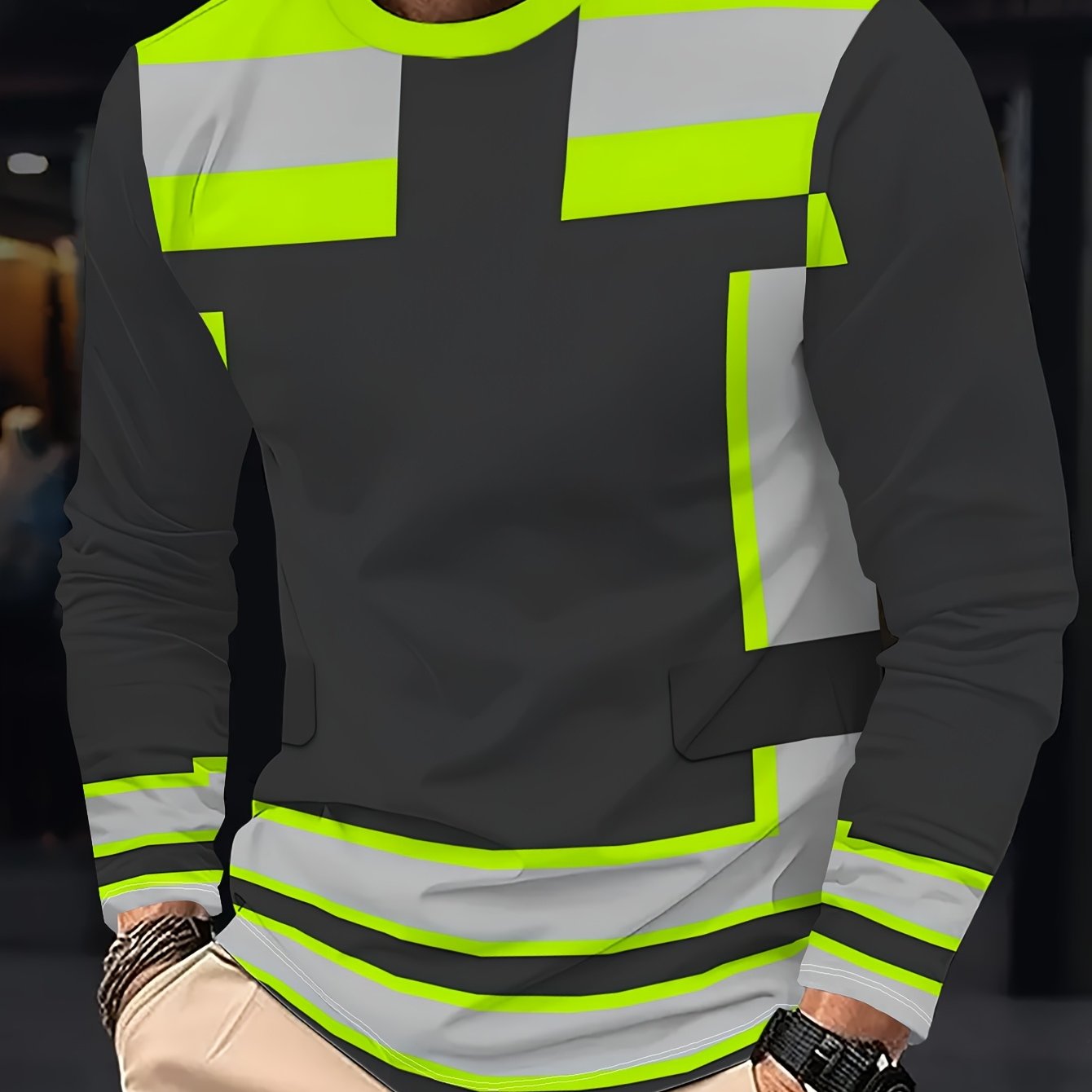 TEMU Men's Novelty Green Double-arch Architectural Print T-shirt - Long Sleeve Round Neck Casual Top With Suitable For Casual Attire & -casual