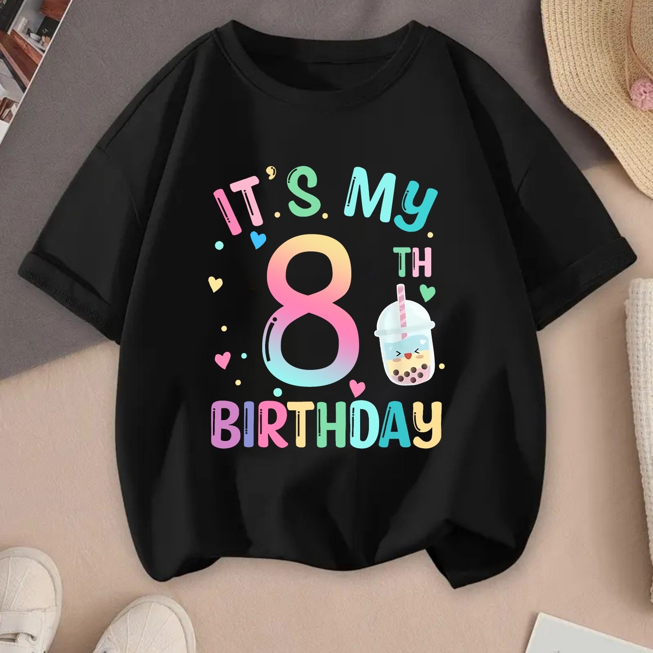 Fashionable Summer T-shirt For An 8-year-old Birthday, Featuring Double-sided Prints And Casual Short Sleeves