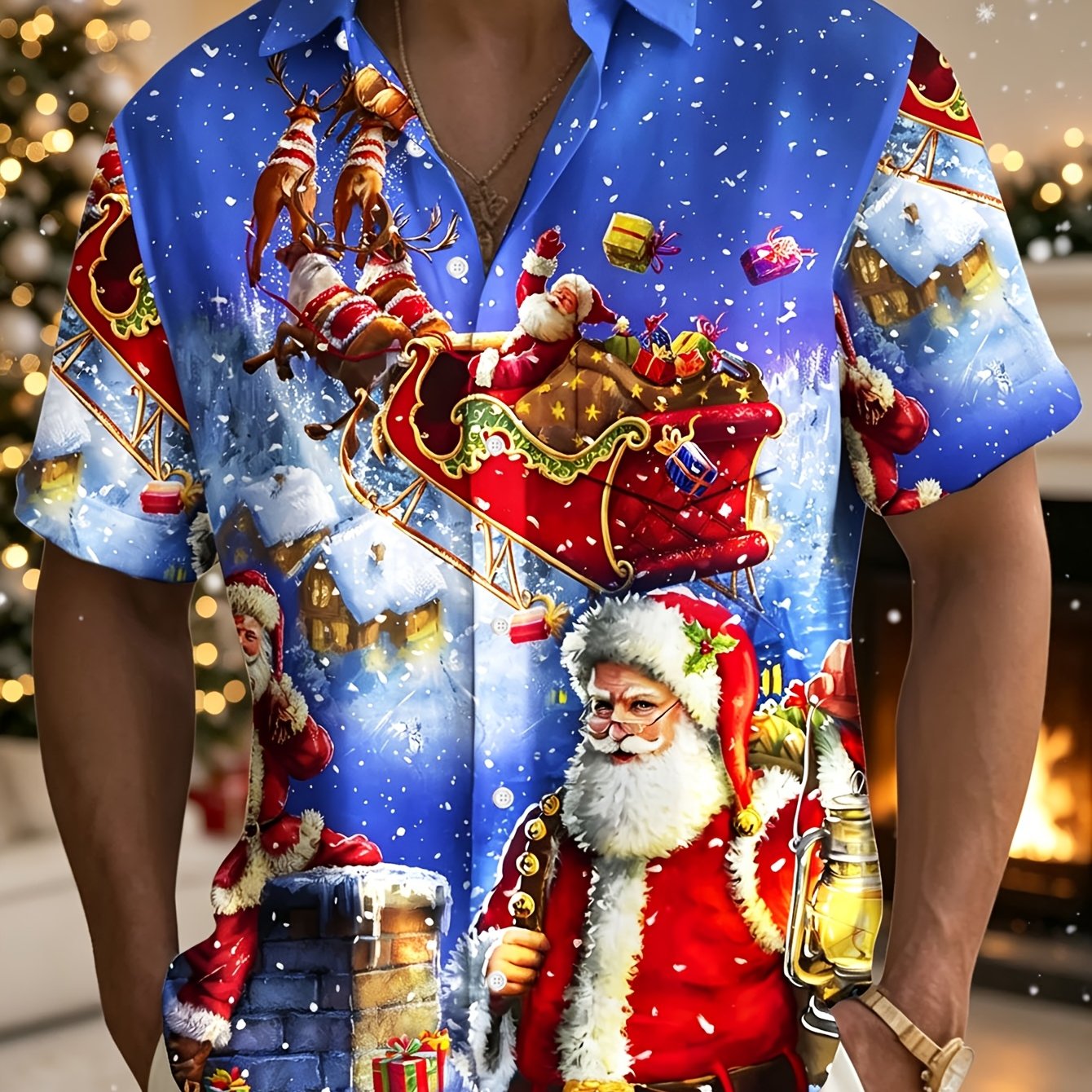 TEMU Christmas Santa Claus Print Men's Holiday Pocket Short-sleeve Shirt