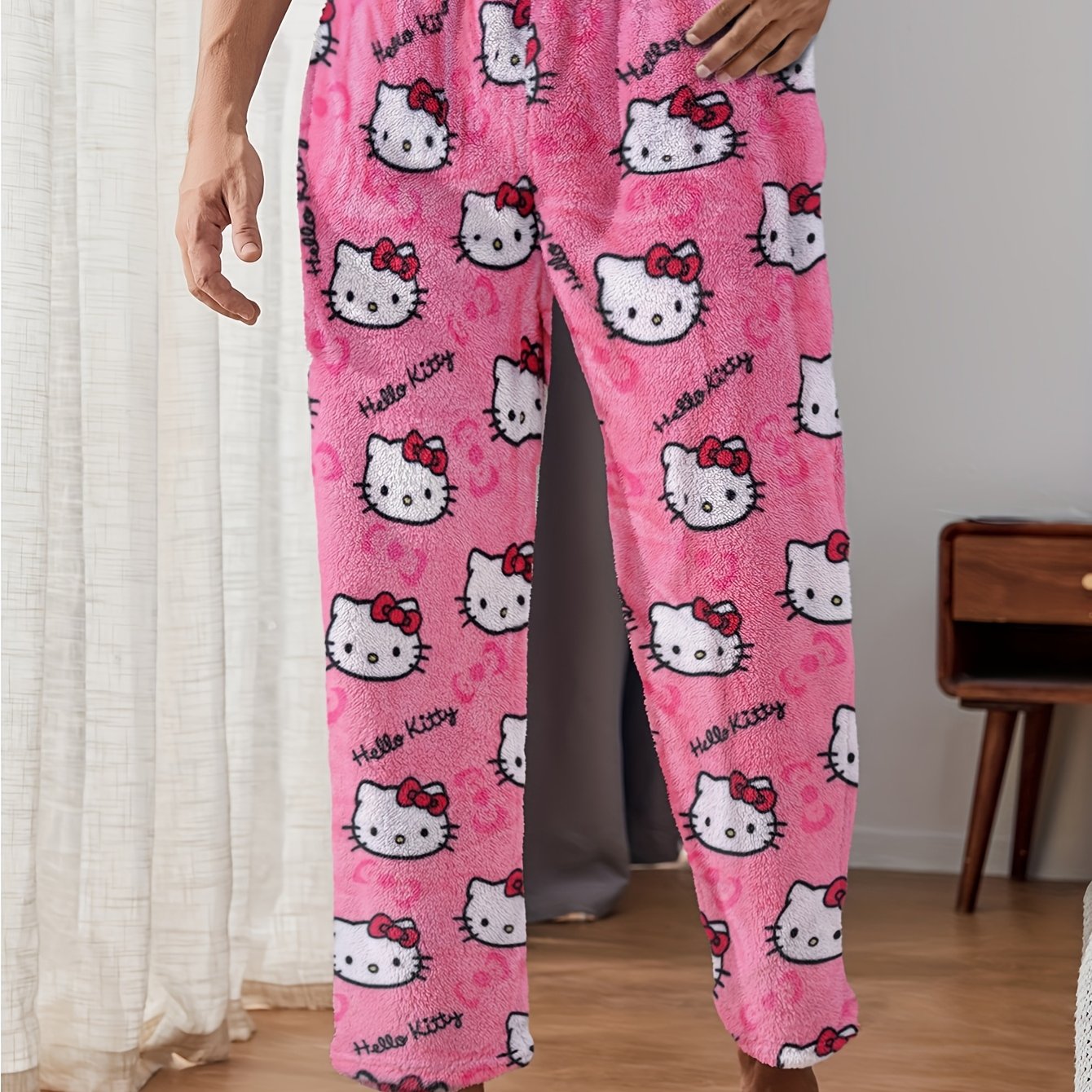 Image of Men' Pants, Hello Kitty, Suitable For All . Home Pants, Casual Pants, Autumn/winter Flannel Couple Sleep Pants, Printed -size Loose Straight-leg Pants, Kitty Sleep Pants, Lazy Style