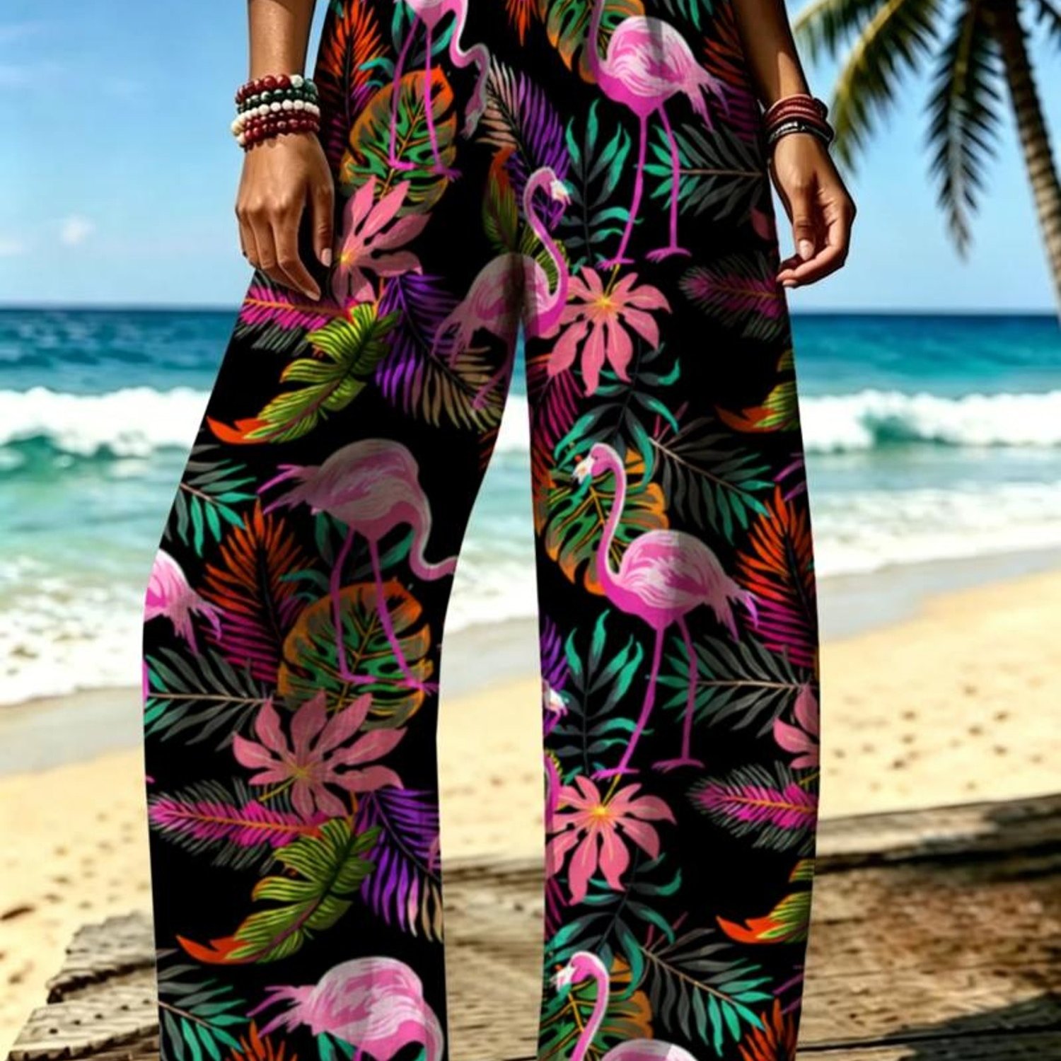 TEMU Women's Fashion Casual Pants, Multiple Sizes/colors, Vibrant Flamingo & Tropical Pattern, Retro - Futuristic Exotic Style, Suitable For Daily