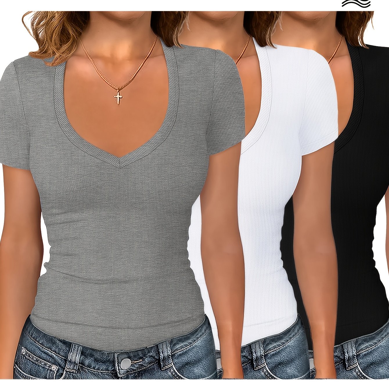 TEMU 3pcs Women's Fashion Top, Comfortable Casual Slim-fit Short-sleeved T-shirt, Elegant V-neck Pullover