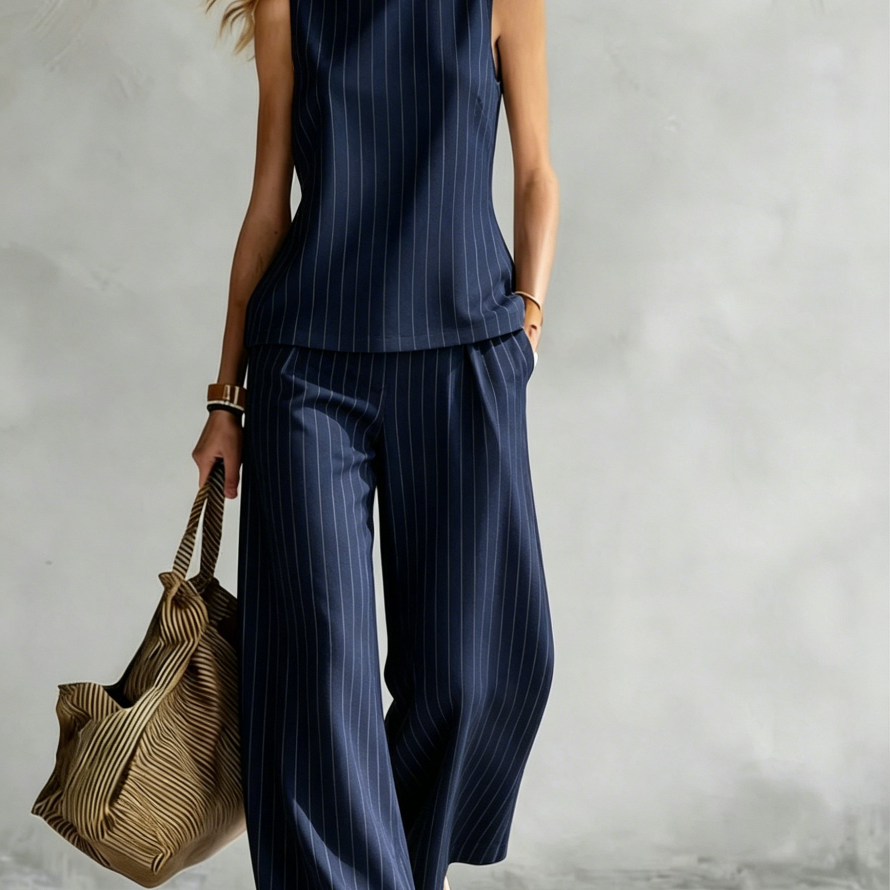 2pcs Women's Sleeveless Top And Wide-leg Pants Set, Stripe Print, , Trendy And Fashionable Outfit, Perfect Gift, Suitable For Daily Wear, Commuting, Vacation Parties, Summer Clothing