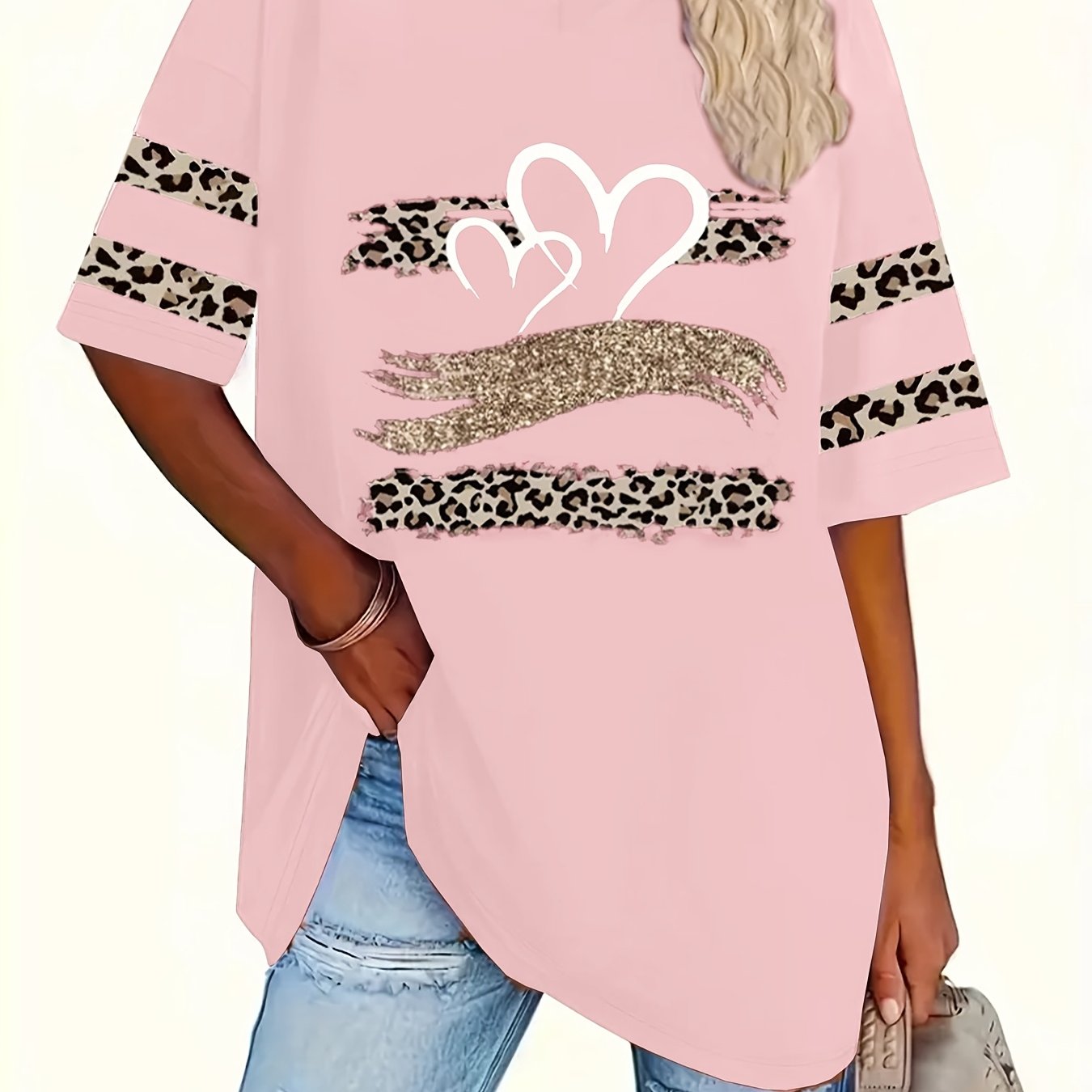 Plus Size, Popular European And American Spring/summer Women's V-neck Short Sleeve Loose Leopard Print Heart T-shirt Top