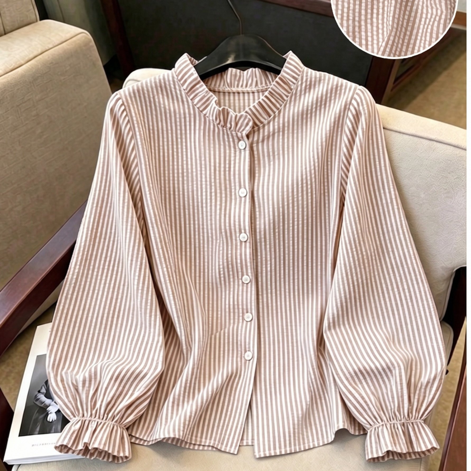 TEMU Women's Long Sleeve Shirt, Casual Daily Comfortable Puff Striped Sleeve Top Suitable For Spring And Autumn