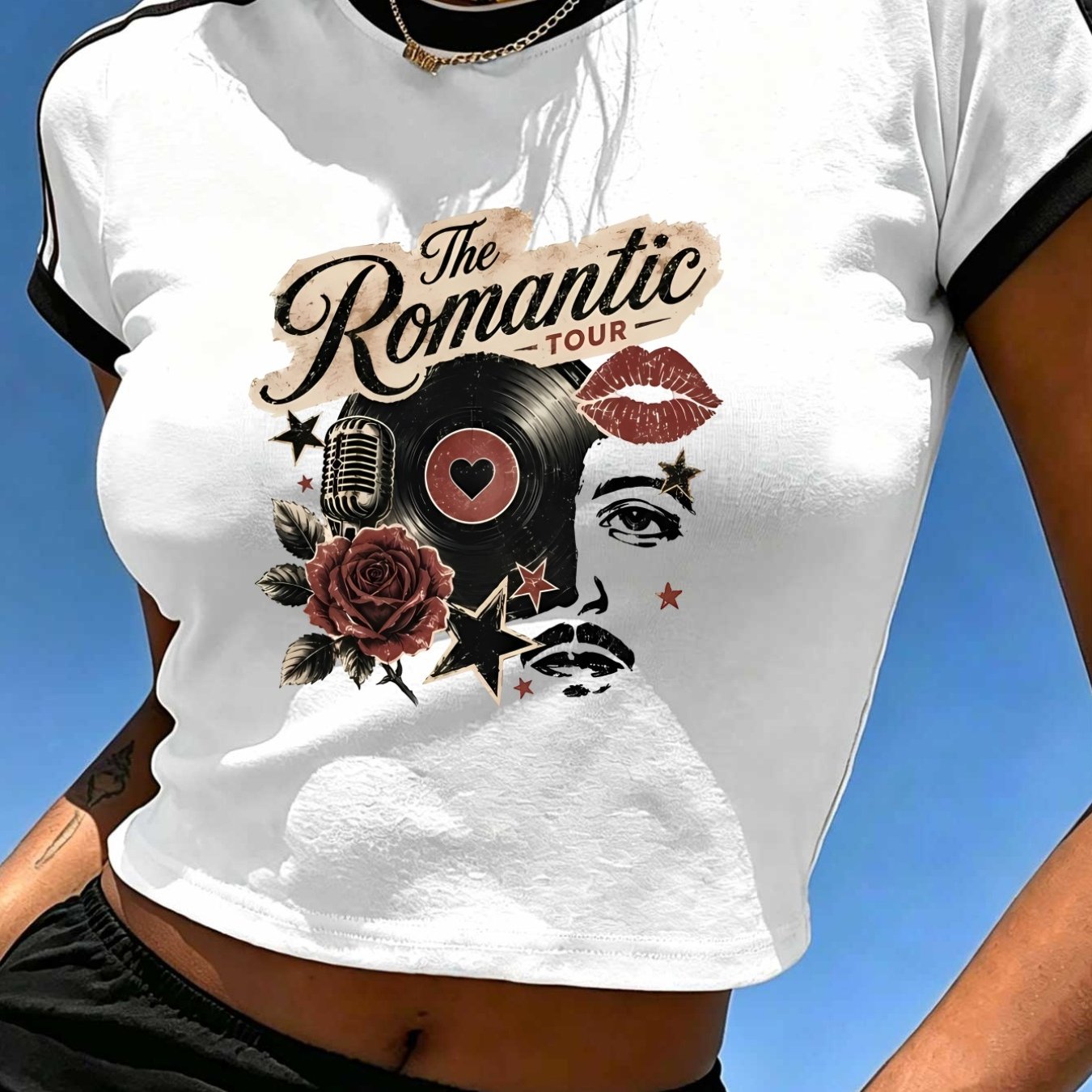 TEMU Sporty Style Women's Casual Round Neck Color-block T-shirt, Retro Record And Rose Romantic Tour Theme Print