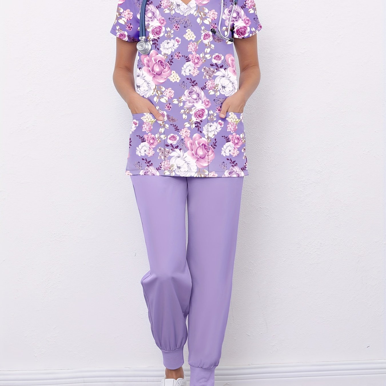 Cute Elephant Print Stretchy Scrubs Top Functional Patched - Temu