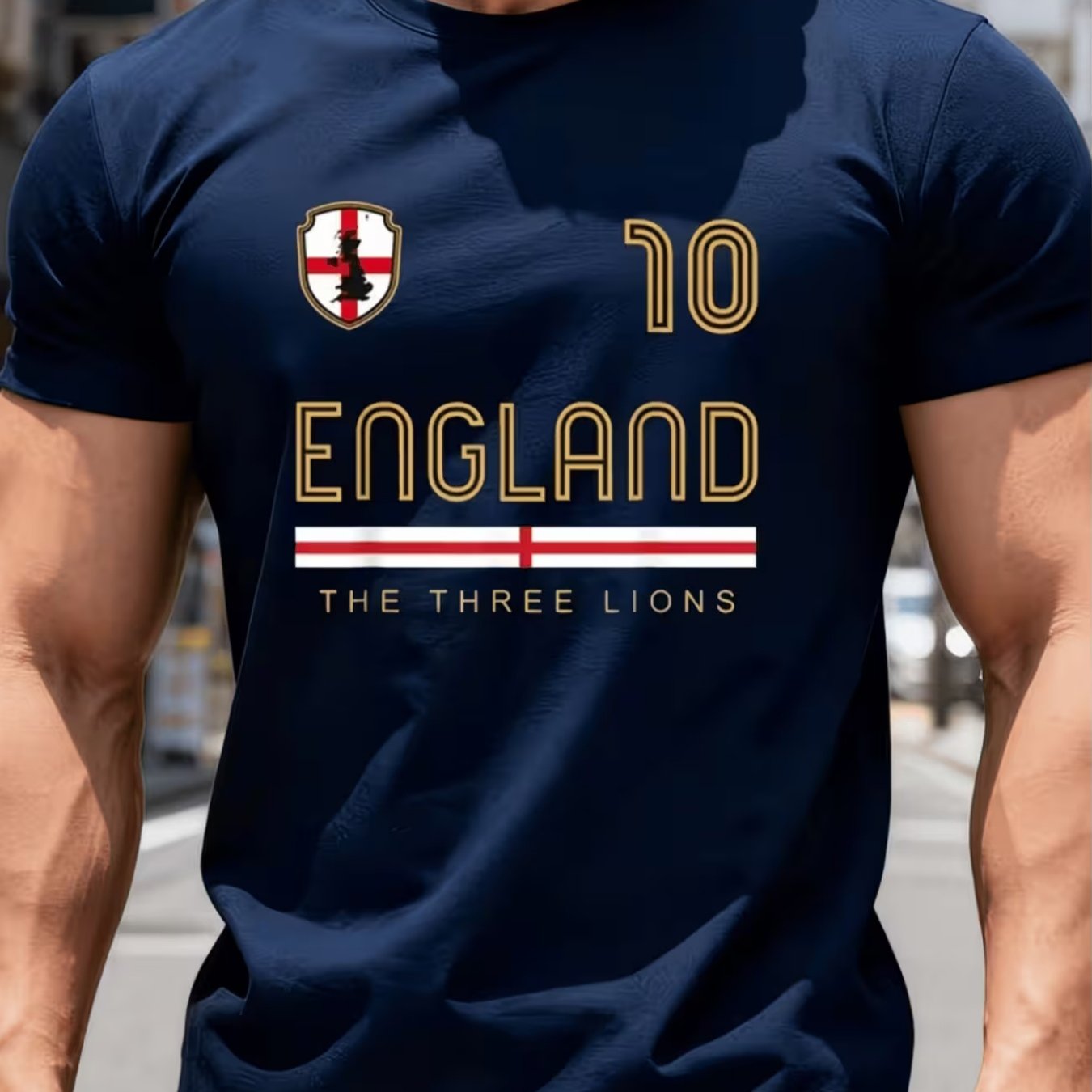 TEMU Men's England Logo T-shirt - Sporty And , Breathable Material, Round Neck Short Sleeved Sports Theme T-shirt, Lightweight Sports Shirt