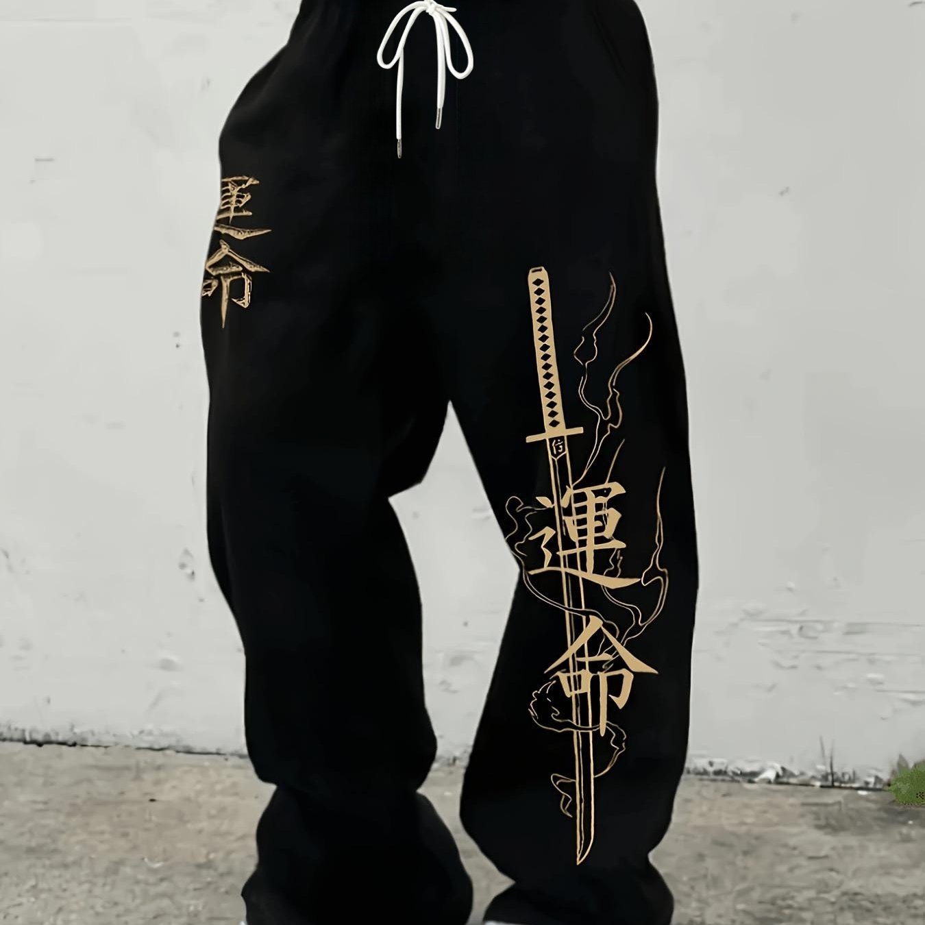 TEMU Men's Casual Athletic Long Pants, Sword Pattern Print, Drawstring Wide-leg Design, Loose Jogging Trousers