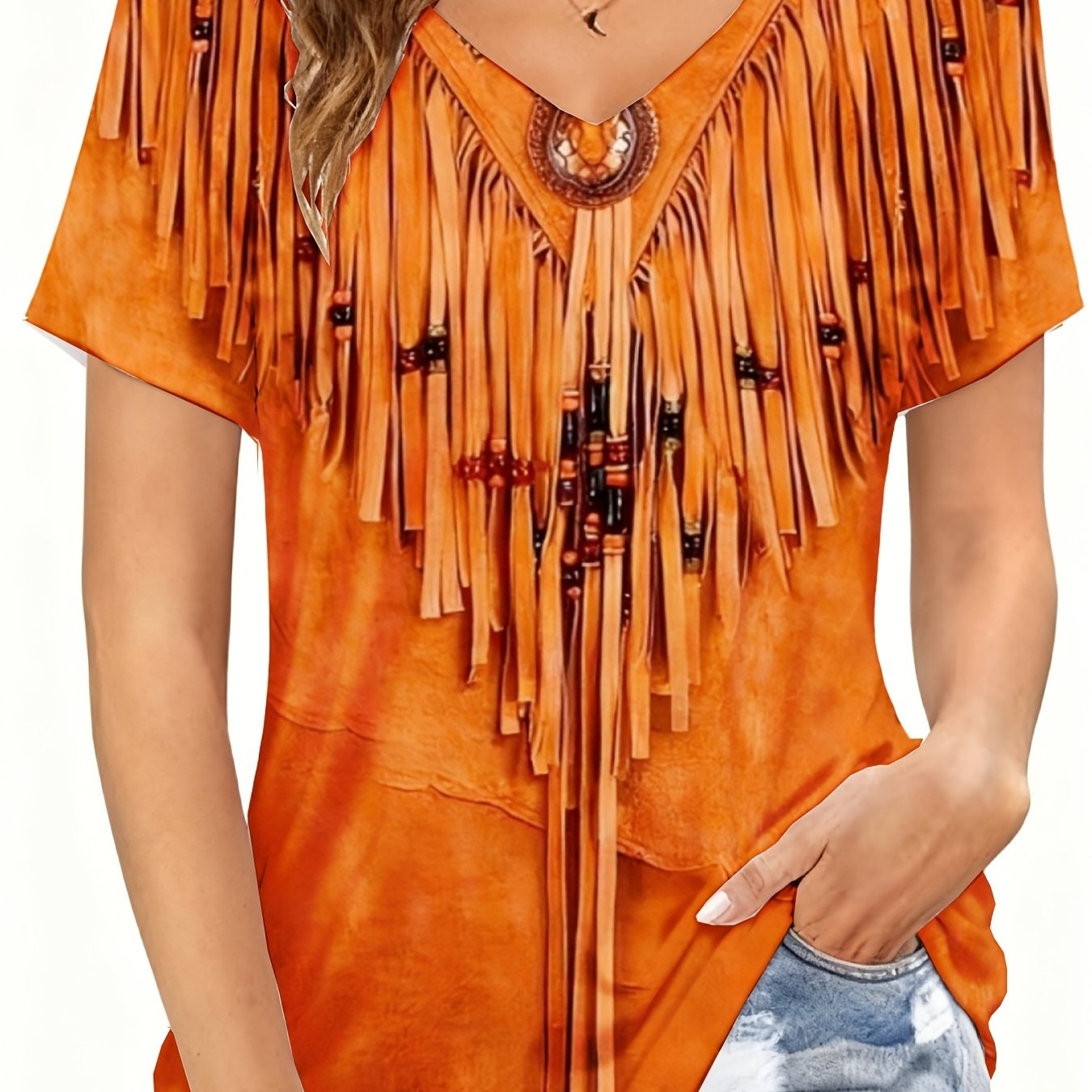 Plus Size - Plus Size - Plus Size Western Style Tassel T-shirt, Brown Tribal Print And Bead Decoration Design, Suitable For Casual Wear 0xl-9xl