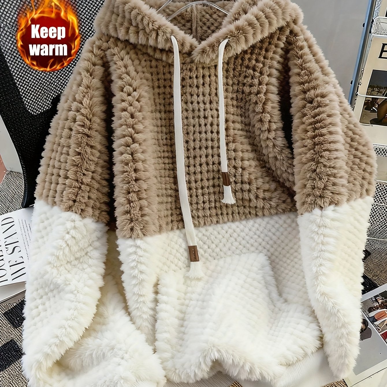 Image of New Autumn/winter Casual Daily Wear High-end Design Color Block Hooded Fleece Sweatshirt, Thick Loose Fit, Versatile