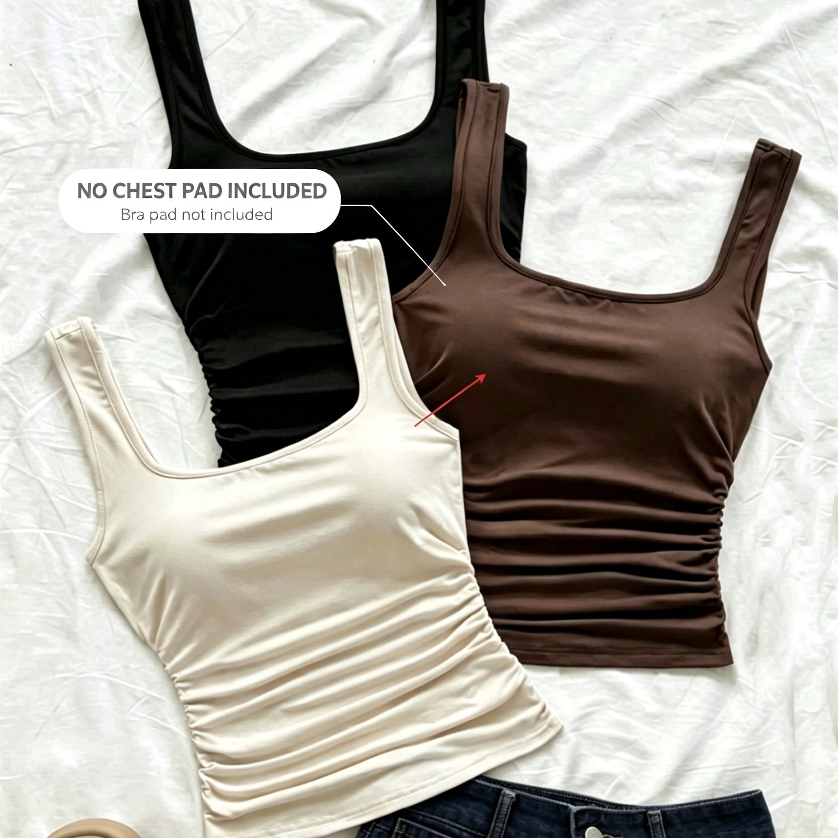 3pcs Set Ruched Cami Tank Tops Summer Slim Solid Color Outerwear Base Layer Top