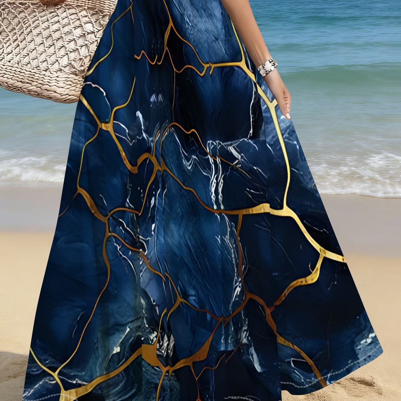 TEMU Women's Plus Size Skirt With Blue Marble And Pattern, Lightweight And , Perfect For Beach, Casual , Travel, Parties, And Summer Events
