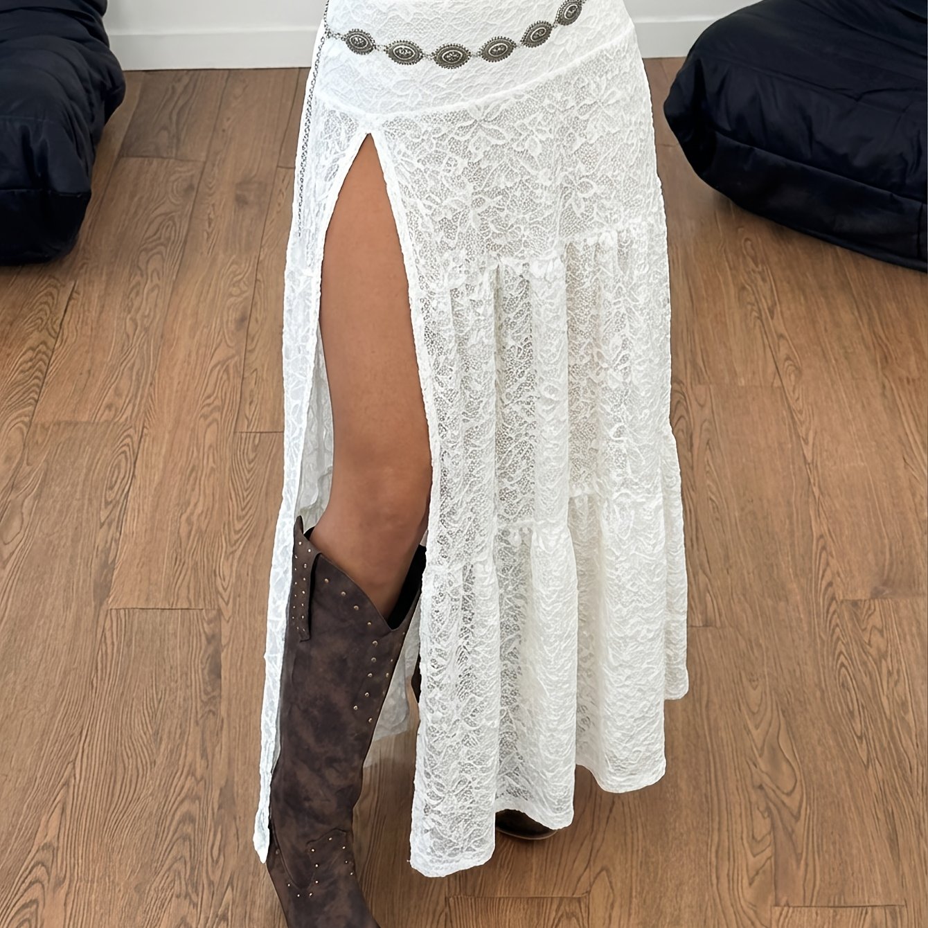 Image of Spring/summer Women's Fashionable And Comfortable Side Slit Design Solid Color Skirt, High-end Slim-fit Lace Long Skirt, Slightly Sheer
