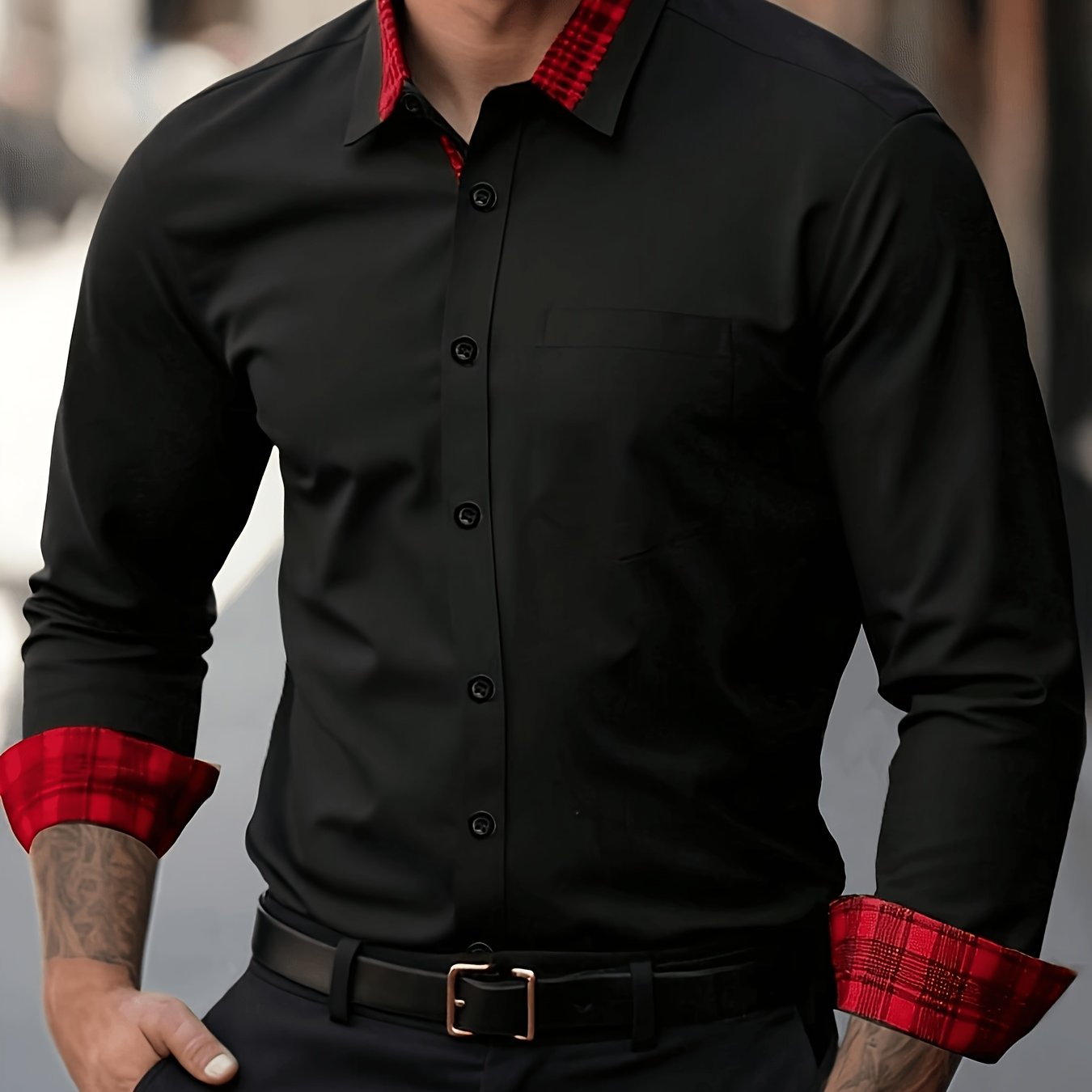 Image of Christmas Business Commuting Solid Color Shirt Mens Long Sleeve Shirt Woven Fabric Wrinkle Resistant Comfortable Friendly Contrast Collar Daily Commuting