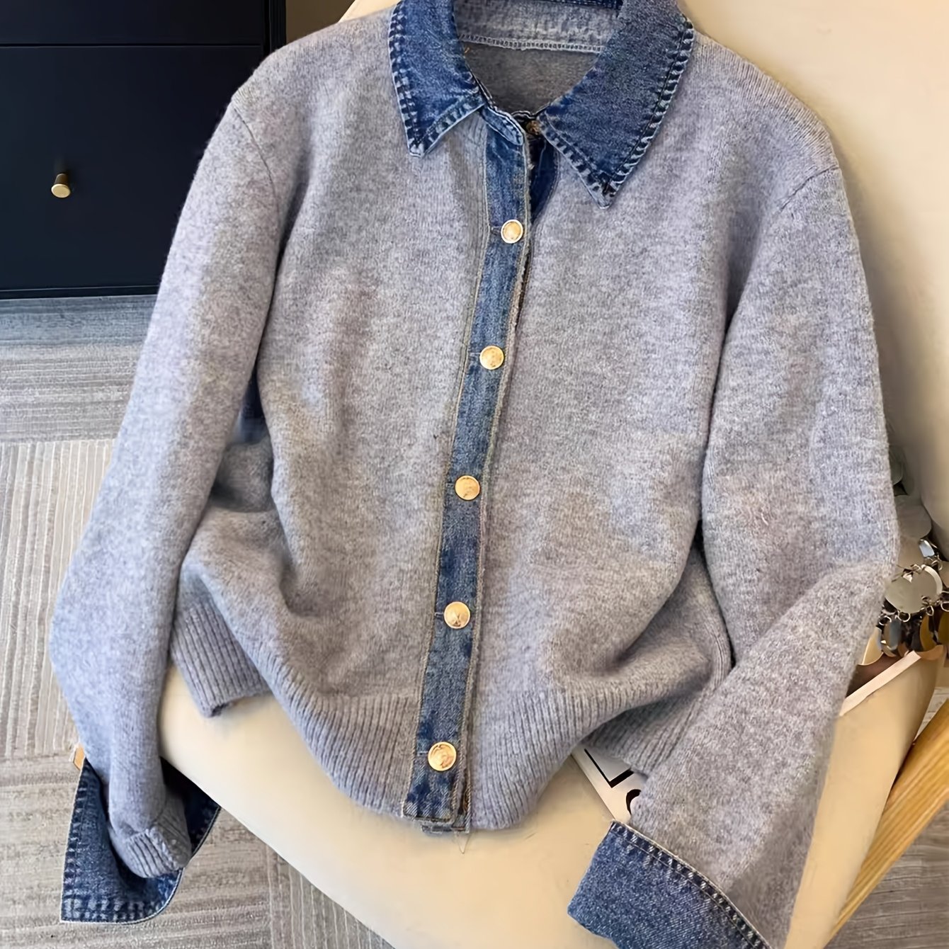 TEMU European And American Spring, Autumn, Winter New Style Women's Fashionable And Elegant Heavy- Denim Button-front Cardigan Sweater Jacket