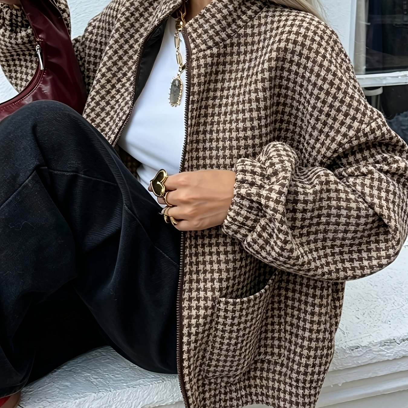 TEMU Warme herfst/winterjas voor dames, losse zakelijke casual stijl, kantoorkleding, modieus ruitvormig geometrisch , patchwork, outdoor straatstijl