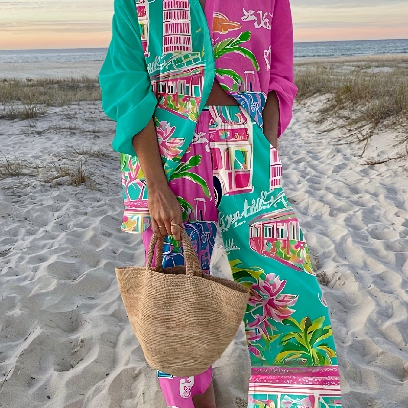 Image of Women's Set Beach Print Long Sleeve Shirt + Trousers Nn