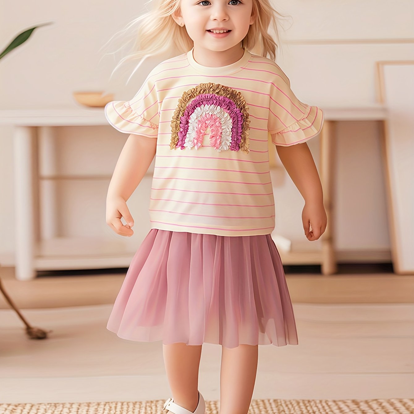 Girls' Summer Rainbow Striped Short Sleeve Top And Pink Mesh Skirt 2pcs Set