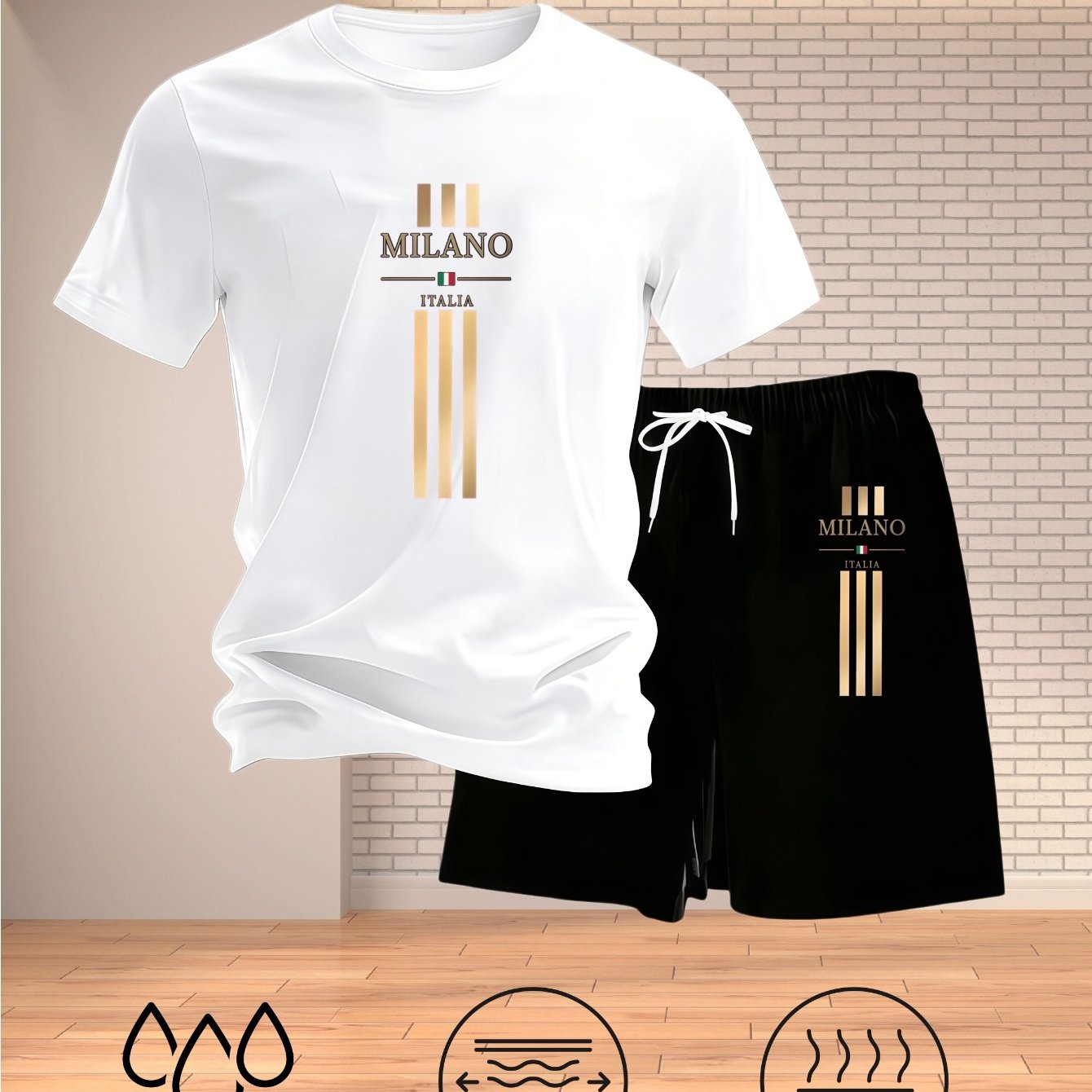 TEMU Summer New Arrival Men's Casual Athletic Suit Style Italia Print Round Neck Short Sleeve Short Shorts 2pcs Set Daily Wear Comfortable Breathable