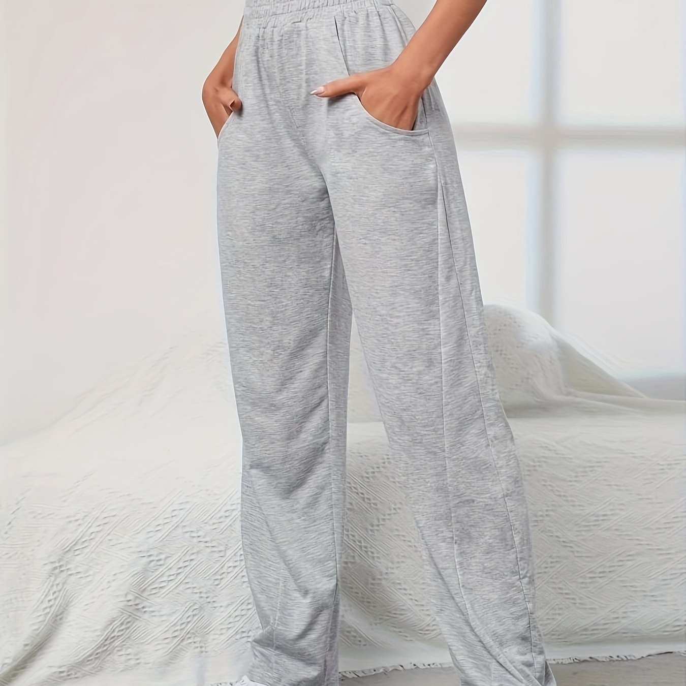 solid color casual sports pants elastic waist running jogging pants womens activewear